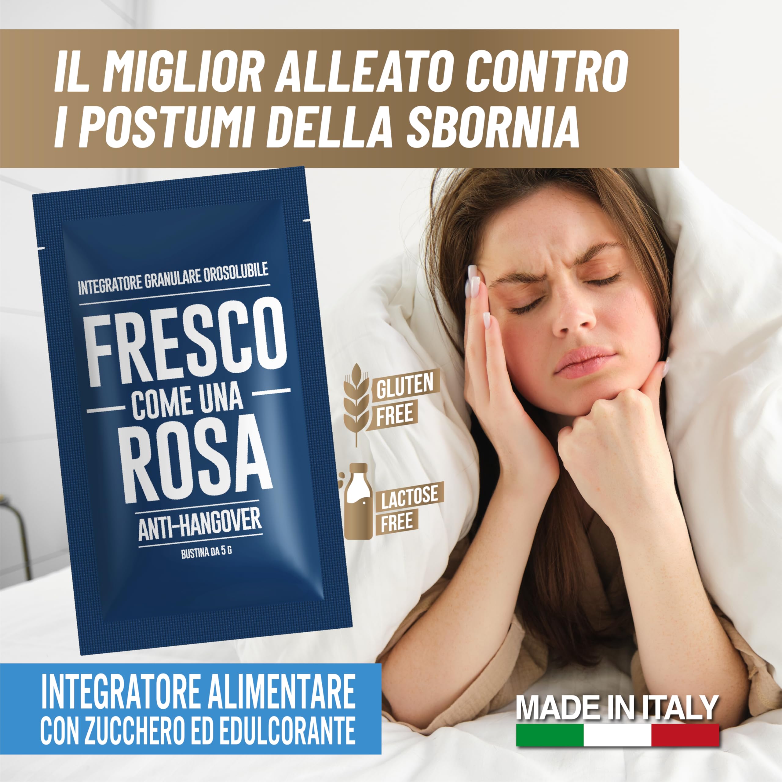 FRESCO COME UNA ROSA - Allevia i Postumi da Sbornia - Integratore Anti Hangover - Riduce Mal di Testa, Nausea e Bruciore di Stomaco - 10 Bustine