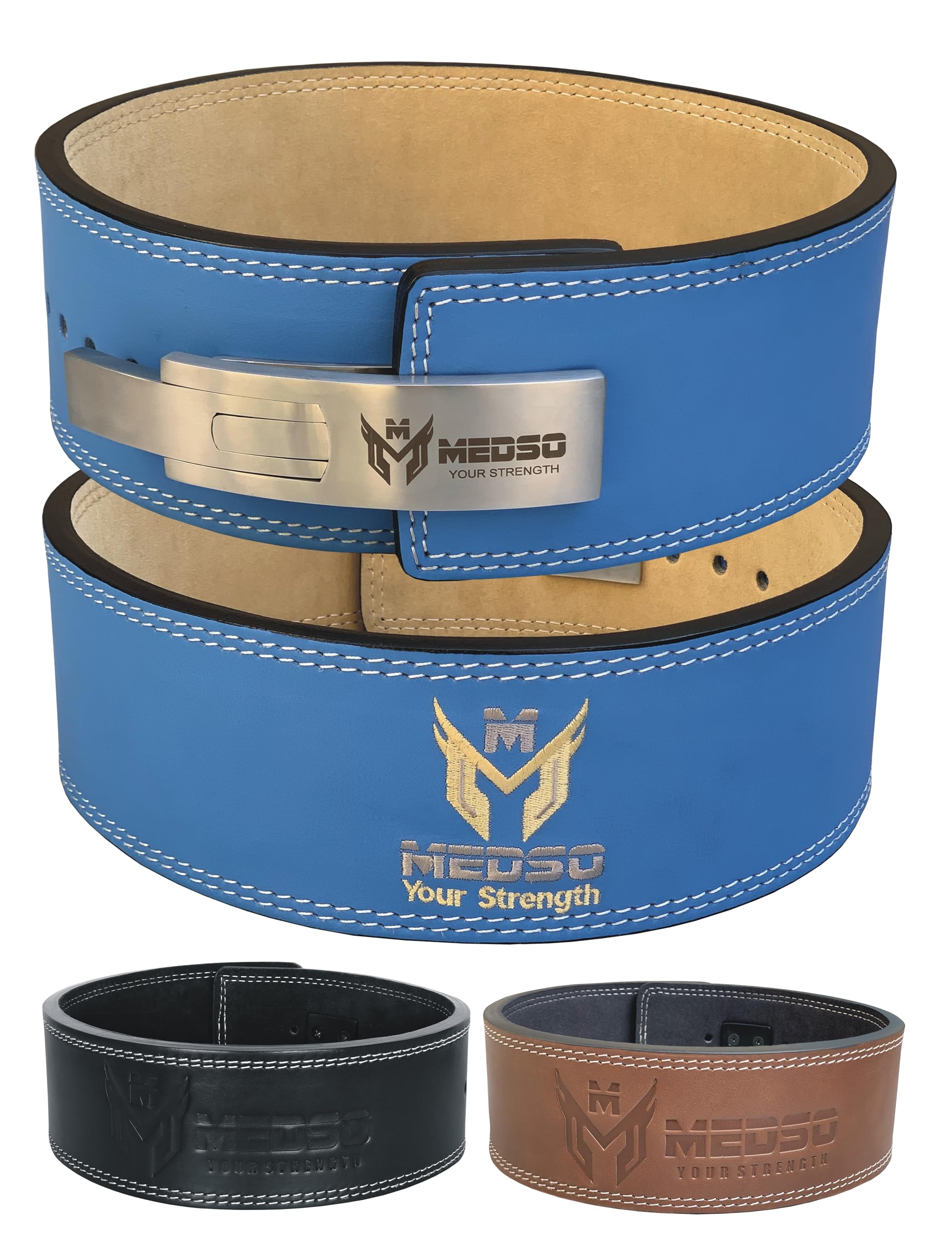 MEDSO Weightlifting 100% Genuine Leather Lever Belt, For Weight Lifting, Powerlifting, Cross Training, Squats, Deadlift, Workout Belt, 10MM Thickness 4” Wide for Men and Women (BLUE, S) — image 1
