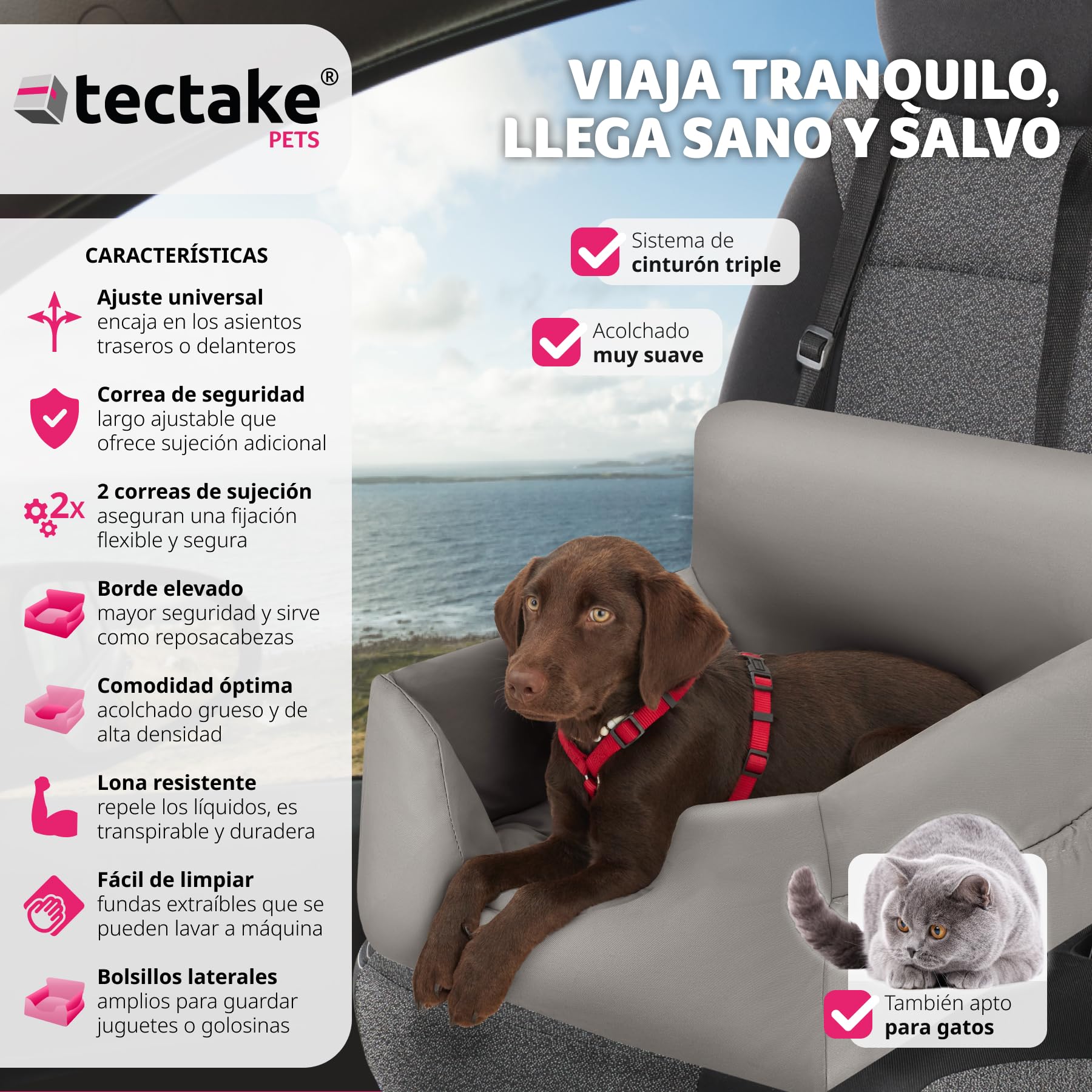 tectake® Asiento de Coche para Perros Pequeños y Medianos - Correa Ajustable, Cojín Lavable, Protector y Transporte - Gris