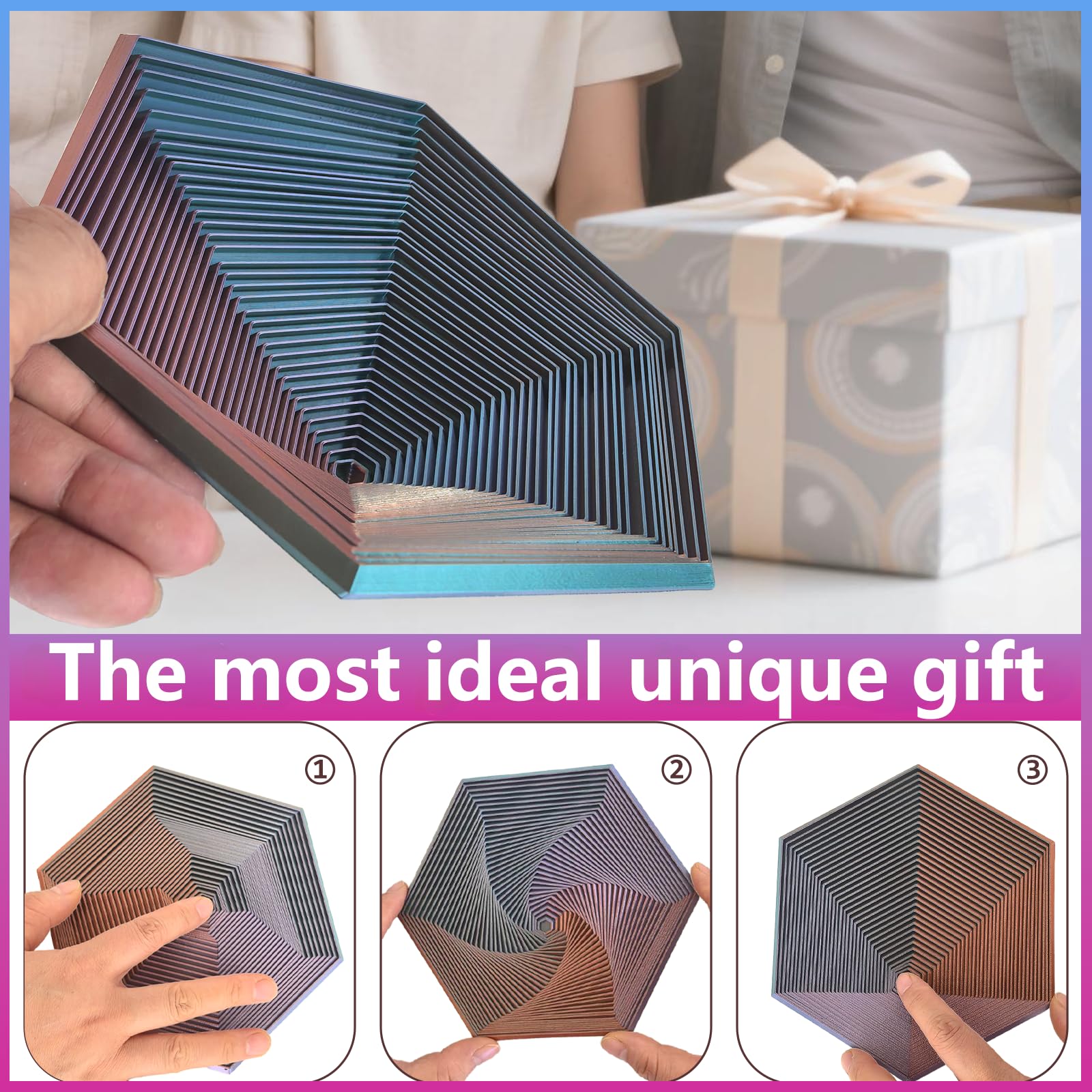 Fraktal-Fidget-Sechskant – geeignet zum Abbau von Stress, Angst und Verspannungen, Autismus, ADHS, Schreibtisch für Erwachsene, zappelndes Stressabbau-Geschenk (Blau, Grün, Rot, Gelb, 35 Ringe)