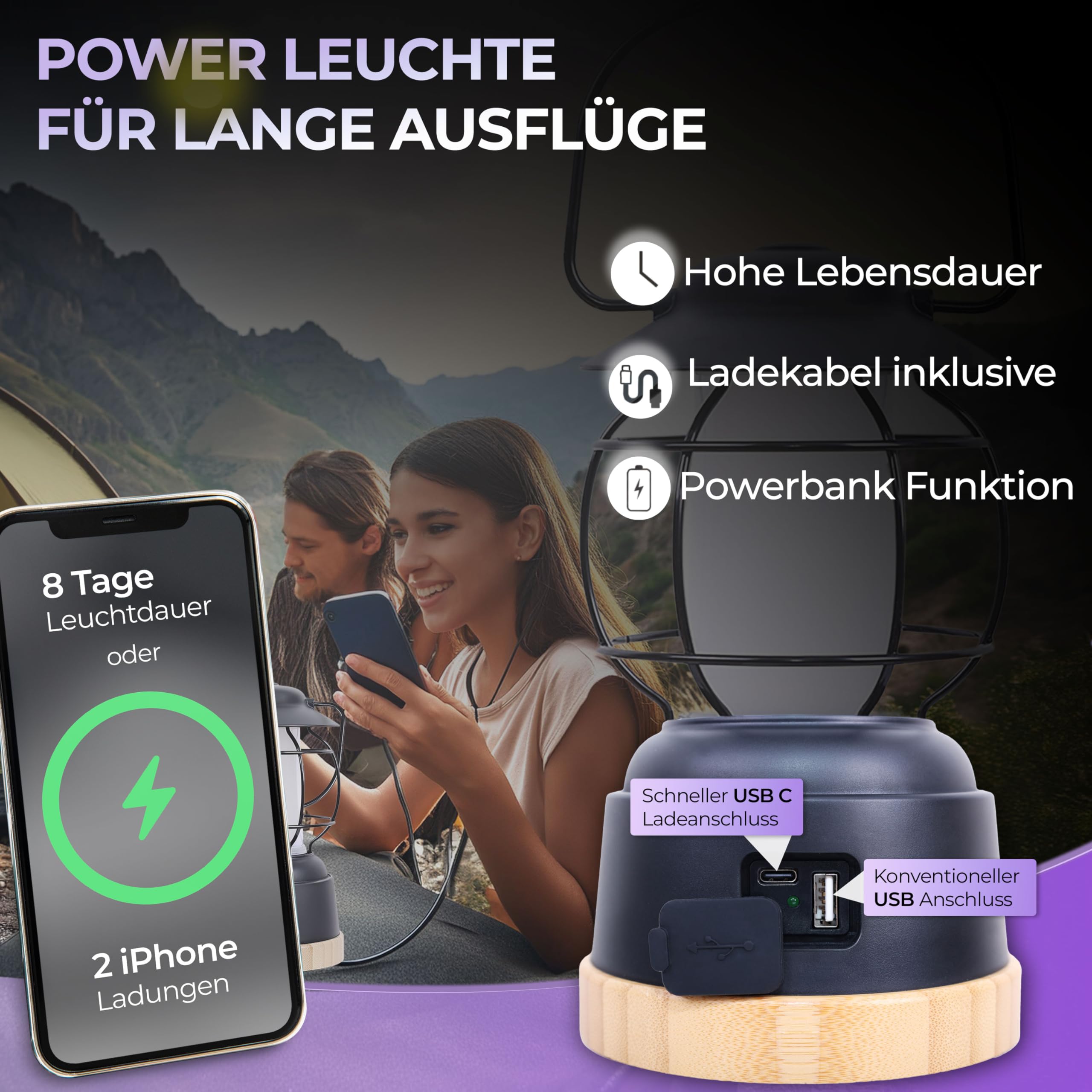 Lanterna Da Campeggio LED Portatile: Luce Calda E Fredda, 390 Lumen, Batteria 5200 MAh, Ricarica USB-C E Powerbank