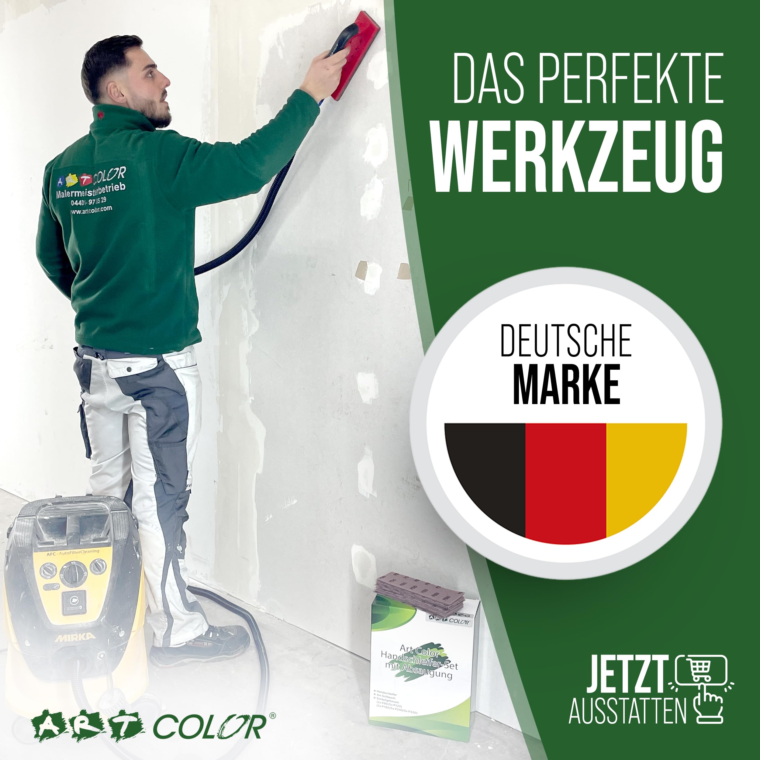 Art Color Set di levigatrici a mano – blocco abrasivo (80 x 230 mm) con aspirazione e velcro per levigatura senza polvere – con tubo di aspirazione da 4 m e 25 griglie abrasive Art Color Grana grana: