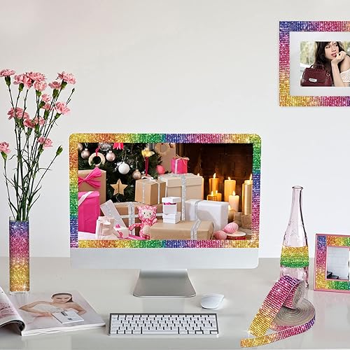 Miniatura 4 de 3 rollos de 9 yardas de cinta de diamantes de imitación de cristal autoadhesiva de colores y arco iris, rollo de calcomanías de diamantes brillantes