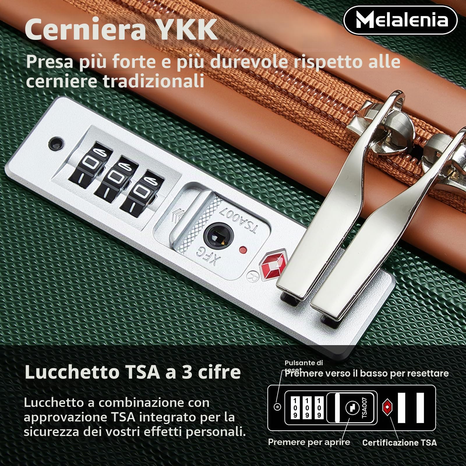 Melalenia Set Valigie 7 pezzi guscio rigido ABS 4 ruote serratura TSA Verde | Borsa viaggio espandibile e borsa bagno inclusi. Annidabili, cerniere YKK, protezioni angolari, ruote doppie 360° silenziose