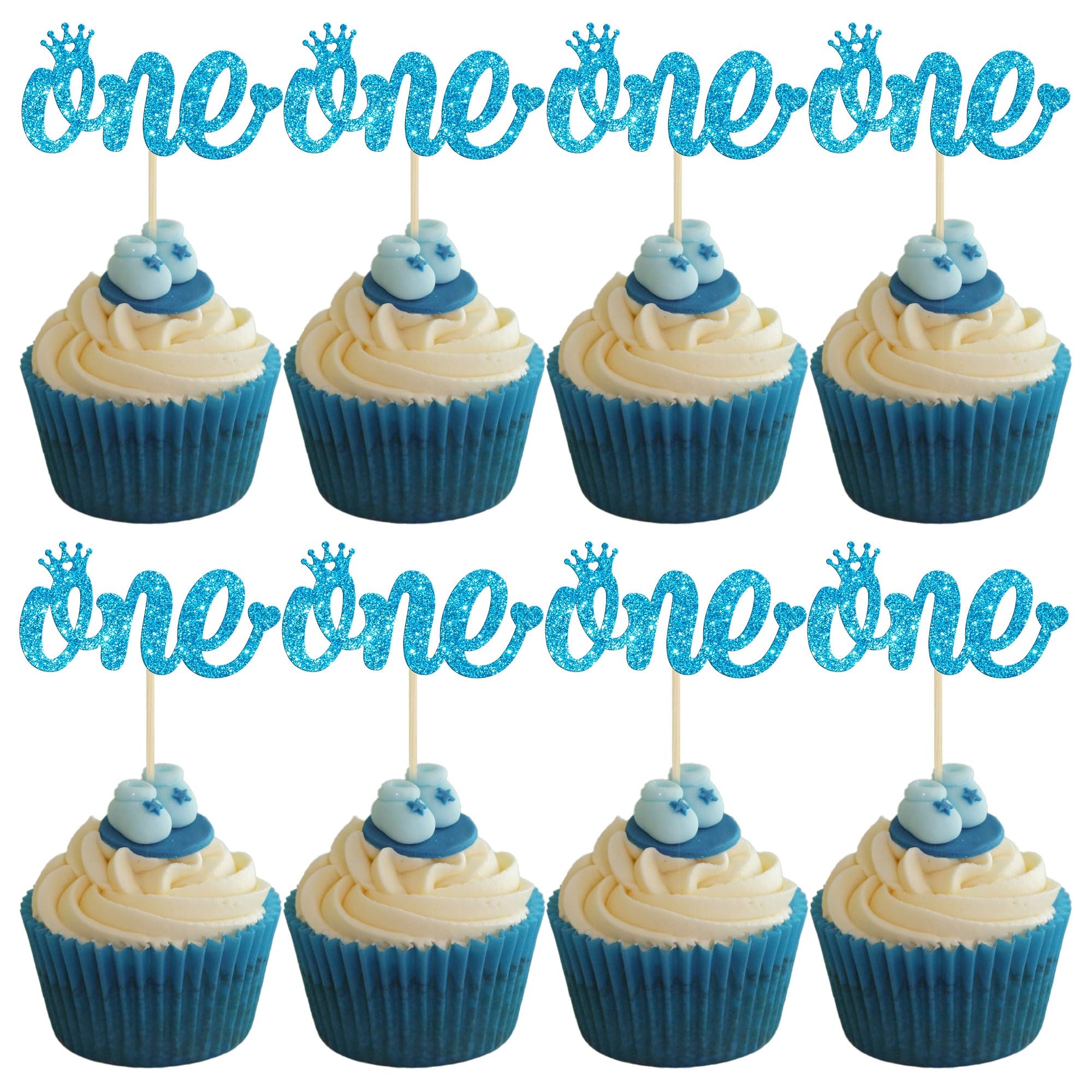 Gyufise 24 Pack One Cupcake Toppers Blue Glitter Baby First Birthday Party Cupcake Food Picks Decorations for Baby Shower Boys Girls Kids 1st Birthday Party Cake Decorations Supplies