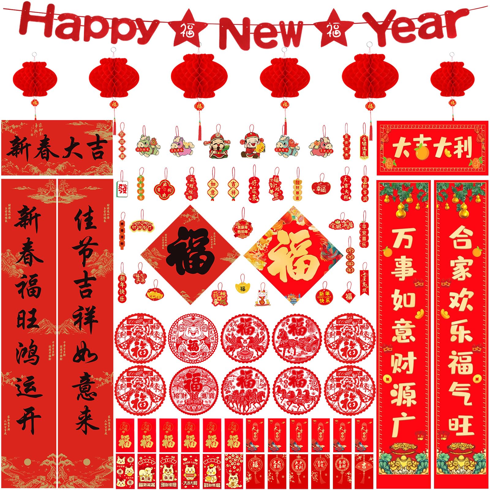 86Pcs Chinese New Year Decoration 2026, Lunar New Years Decorations with Chunlian Banner Red Envelope Red Lantern Lucky Hanging Ornaments Fu Character Window Stickers for Spring Festival Party