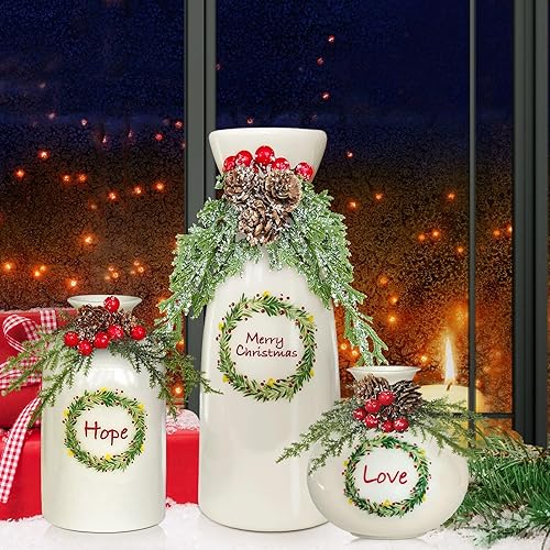 Miniatura 5 de Jarrón de Navidad - Juego de 3 para decoración interior del hogar, decoración de Navidad, jarrones blancos flocados, decoraciones de Navidad para