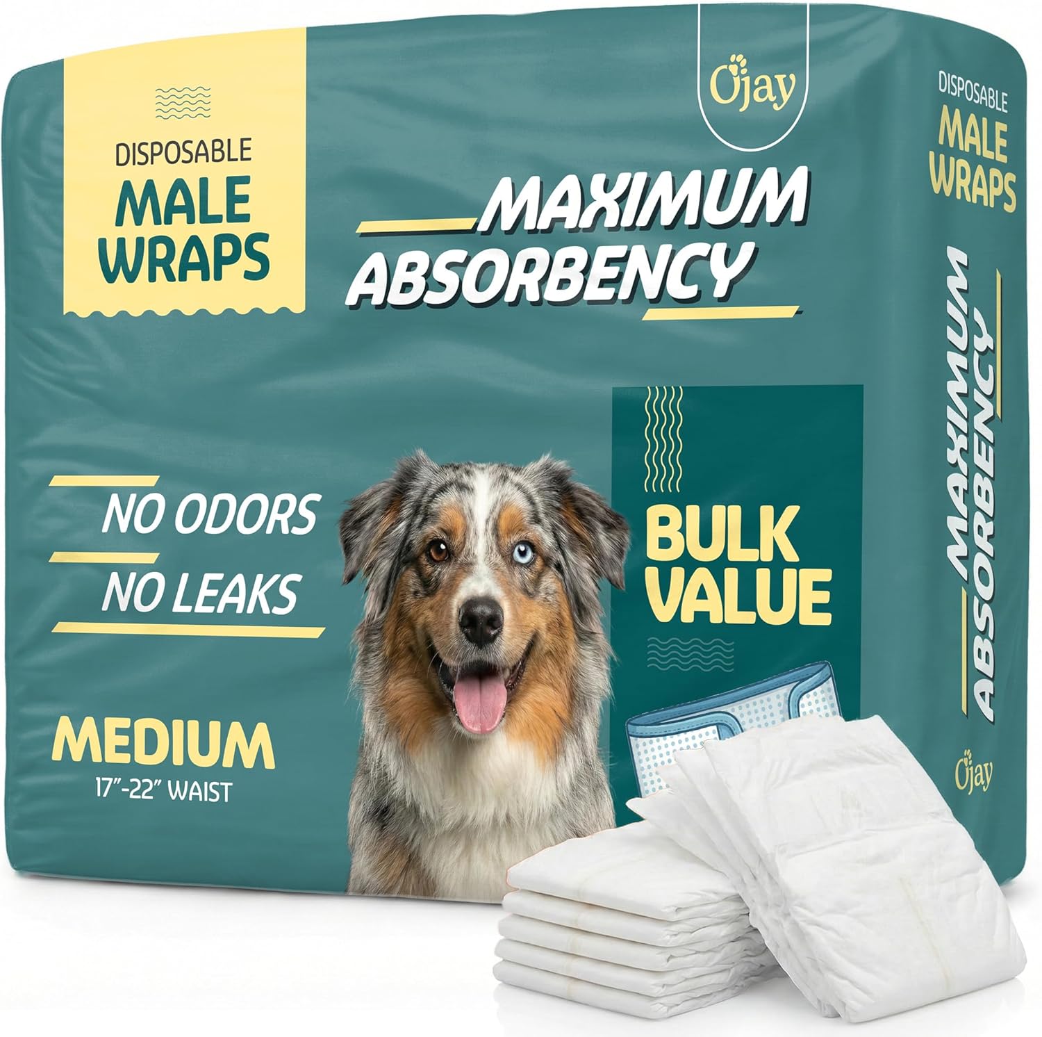 Maximum Absorbency Male Dog Diapers - Leak-Proof Disposable Male Dog Wraps- FlashDry Gel Technology, Wetness Indicator Doggie Diapers- Belly Wraps for Incontinence & Training (50 Pack, Medium)