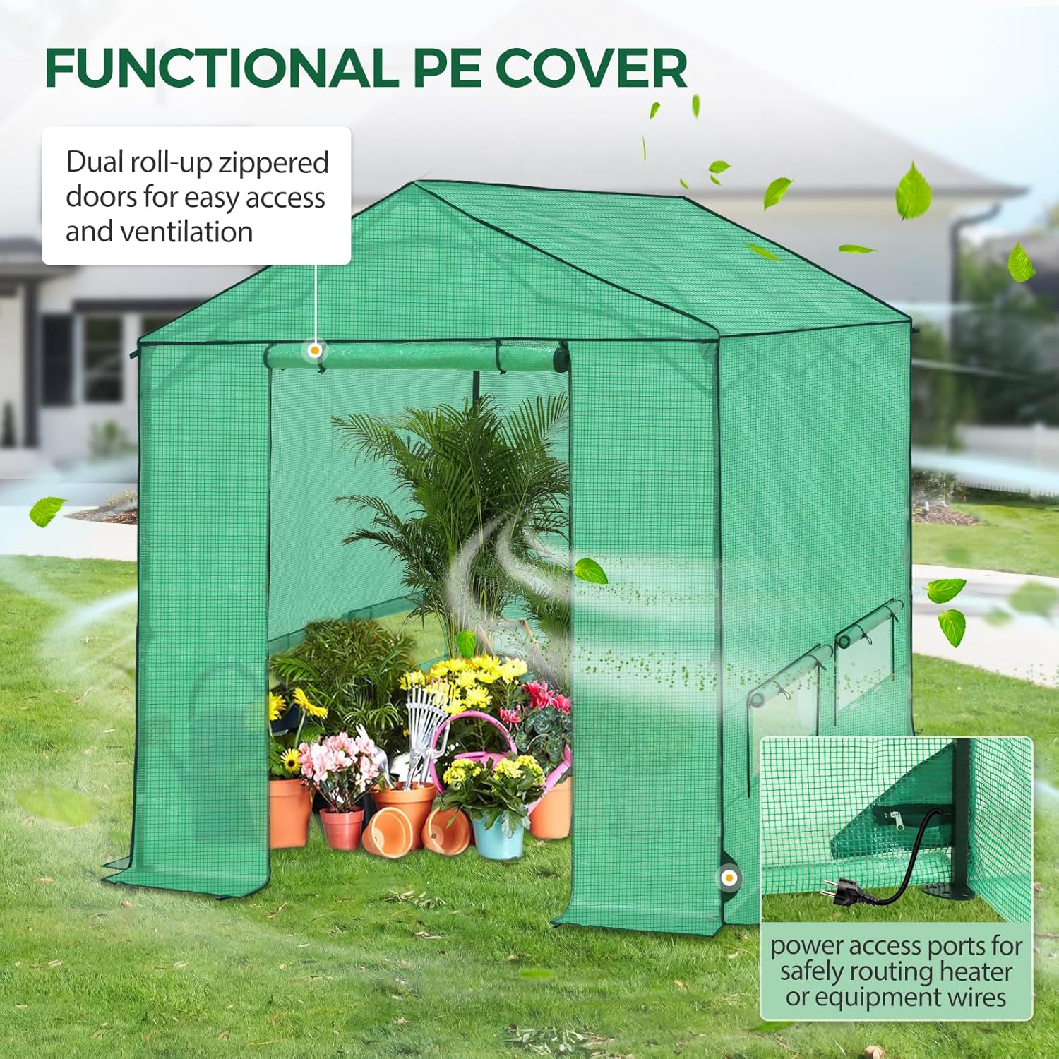 8x8 Pop Up Greenhouse, Instant Walk in Green House with PE Cover, Power Ports, Roll up Doors & Windows for Indoor Outdoor Plant Growing, Green