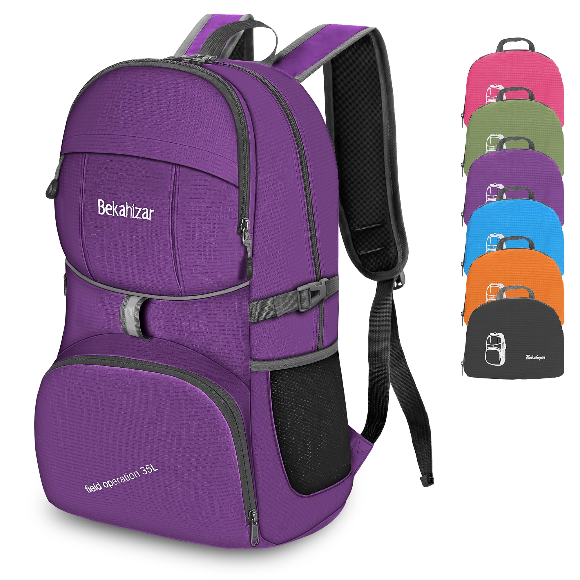 Bekahizar Lightweight Foldable Backpack 35L Hiking Rucksack Daypack Packable Travel Day Bag for Men Women Teens Outdoor Sports Walking Camping Travelling Cycling (Purple)