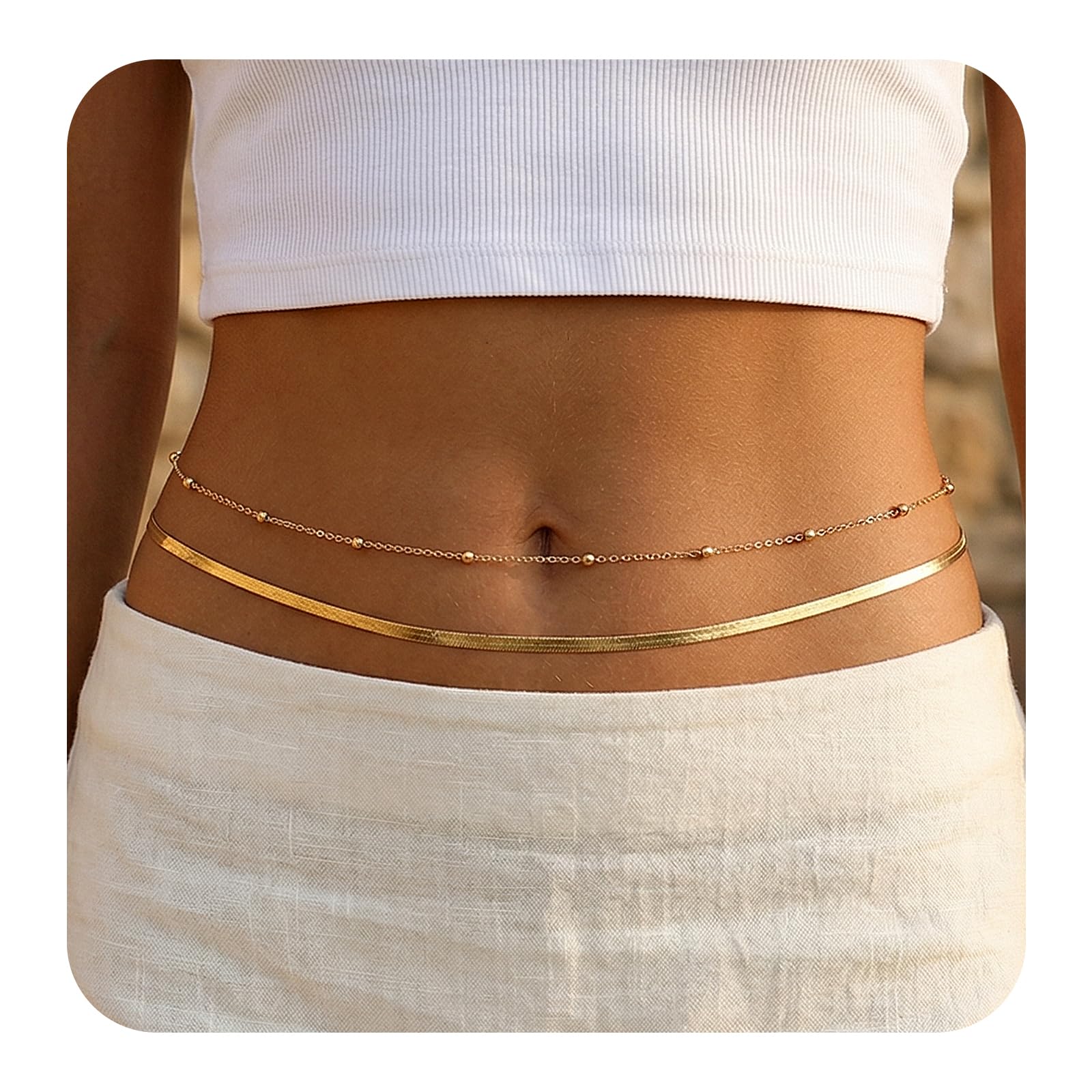 1 Stück Waist Chain Gold, 14K Vergoldete Bauchkette, Verstellbare Belly Chain Mit Waist Beads, Boho Taillenkette für Frauen und Mädchen zum Tragen Bikinis Kleider