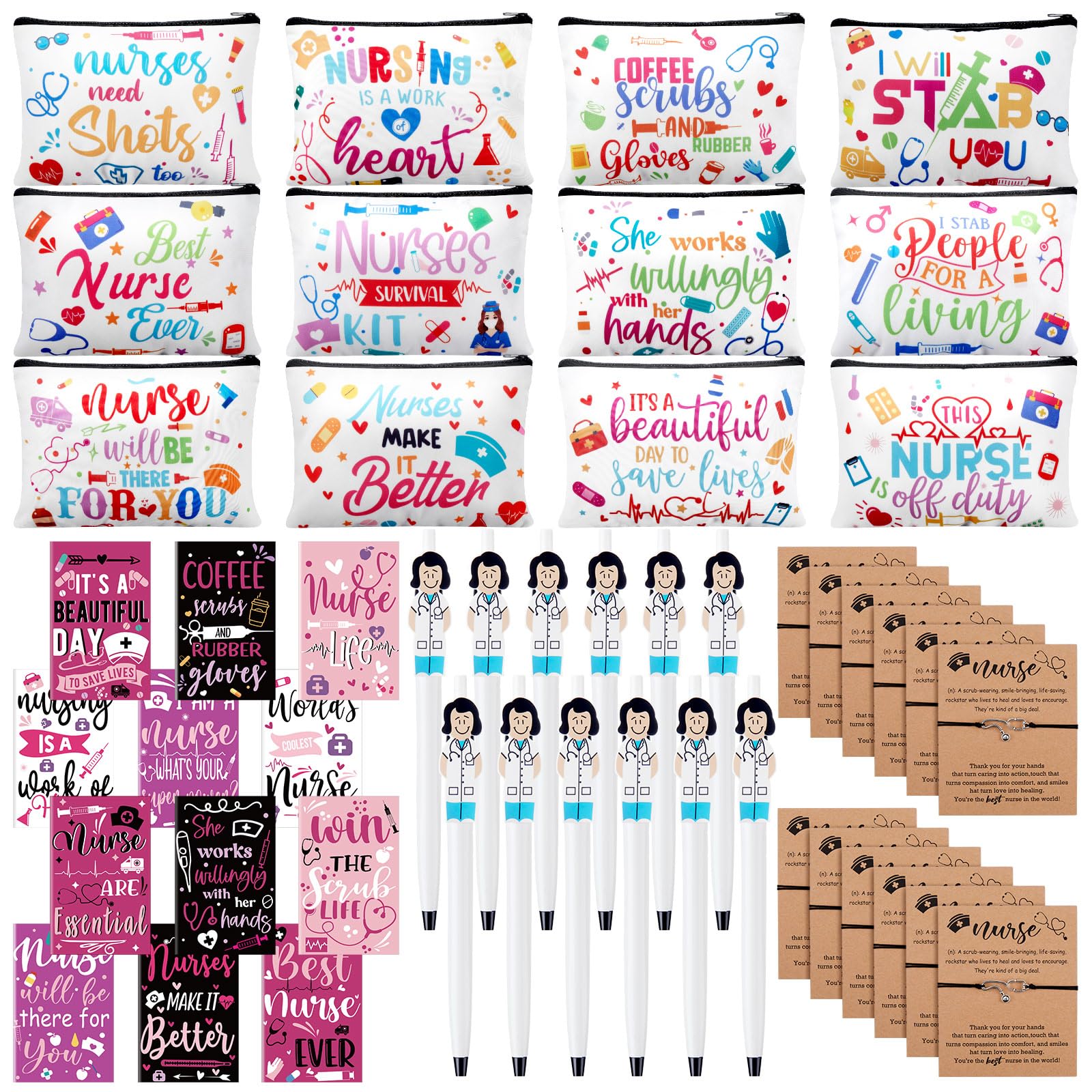 Sabary 48 Pcs Nurse Appreciation Gifts Set 12 Nurse Makeup Cosmetic Bag 12 Notebooks Pocket Journal 12 Doctor Nurse Ballpoint Pens 12 Stethoscope Rn