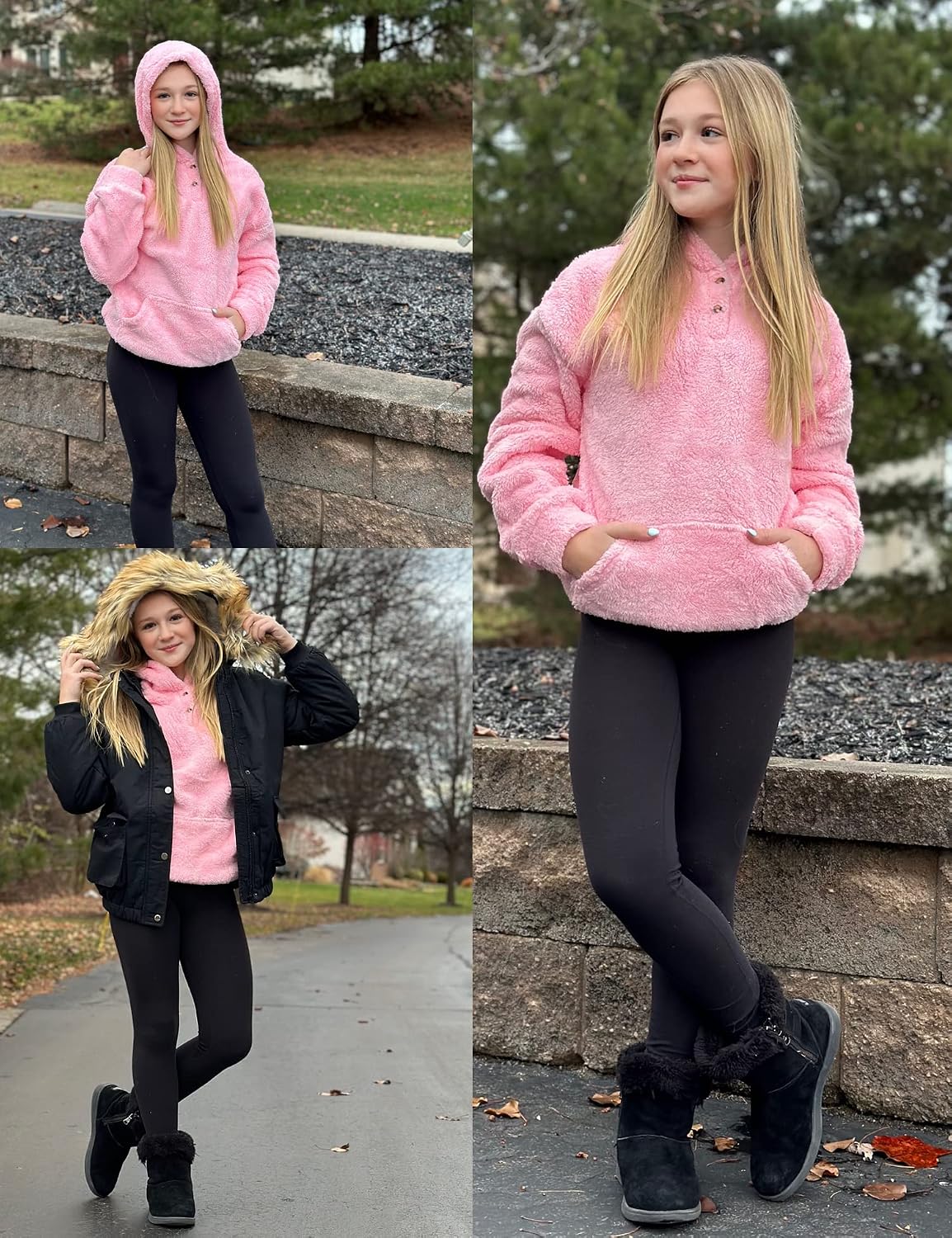 Arshiner Girls Hoodie Sherpa Fleece Pullover Hooded Sweatshirt for Girl Button Up Casual Outerwear Coat With Pockets