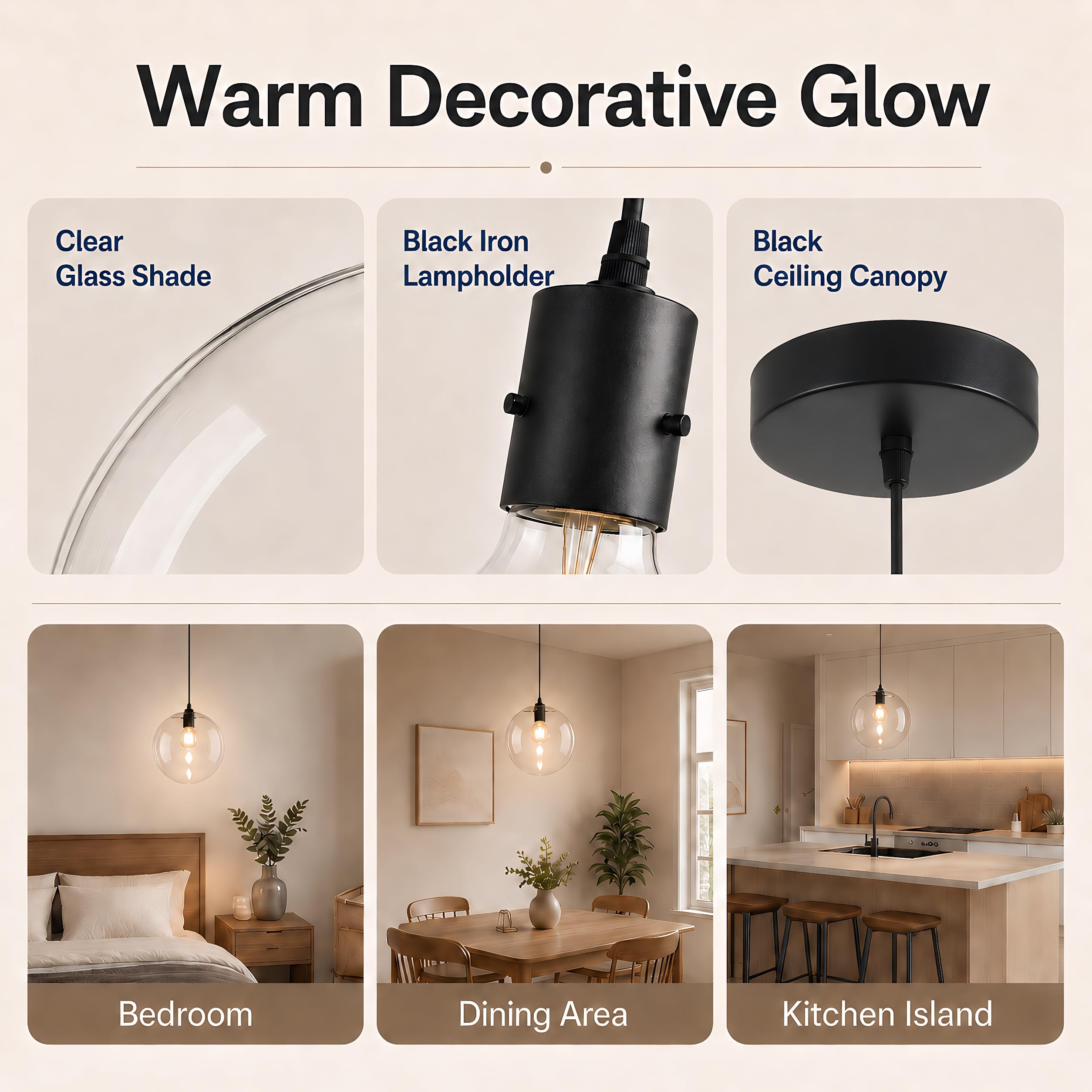 Suspension en Verre Moderne Minimaliste Lampe Suspendue E27 avec Globe en Verre Douille Noire Câble Réglable 150 cm pour Îlot de Cuisine Salle à Manger Chambre Café (25CM)