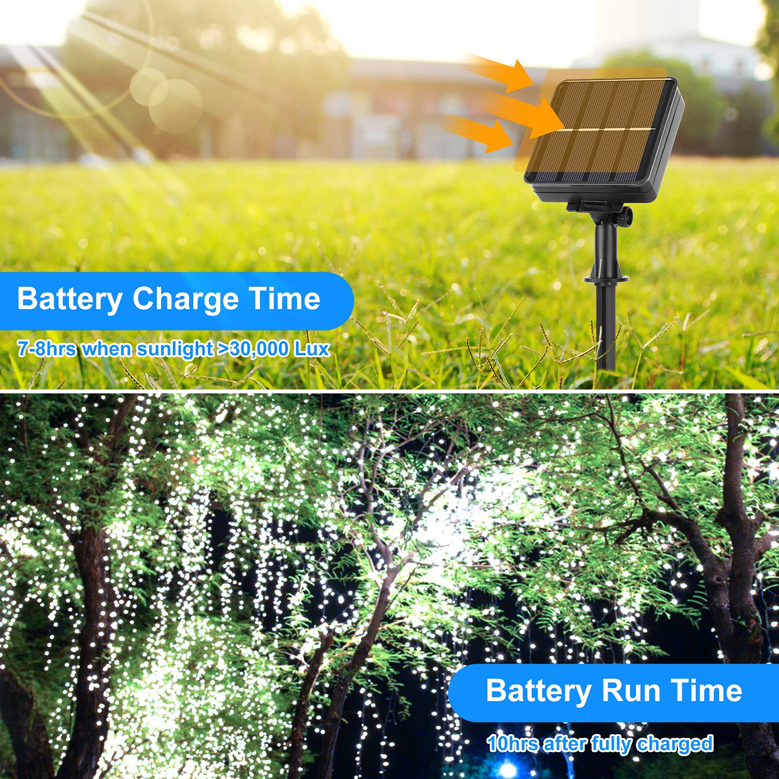 Extra-long 288FT Solar Fairy String Lights, 4-Pack Each 72FT 200 LED Outdoor Twinkle Lights Waterproof 8 Lighting Modes Daylight White Silver Wire Lights for Deck Backyard Tree Garden Fence Pool Party