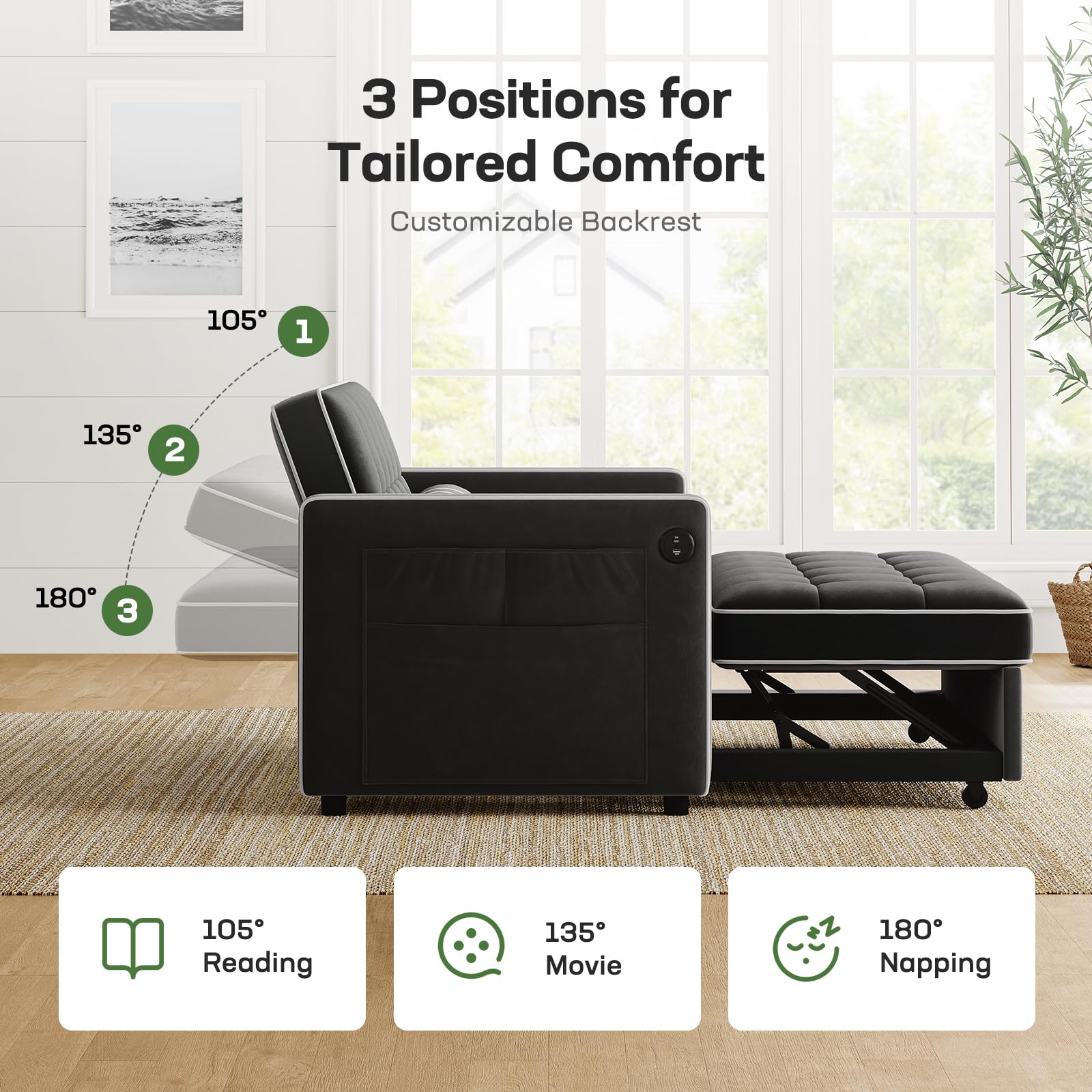 Marsail 3-in-1 Convertible Futon Sleeper Sofa Bed, Pull Out Couch with Adjustable Backrest, USB Charging & Side Pockets, Velvet Fabric Sofa for Living Room, Apartment, Loveseat, Black