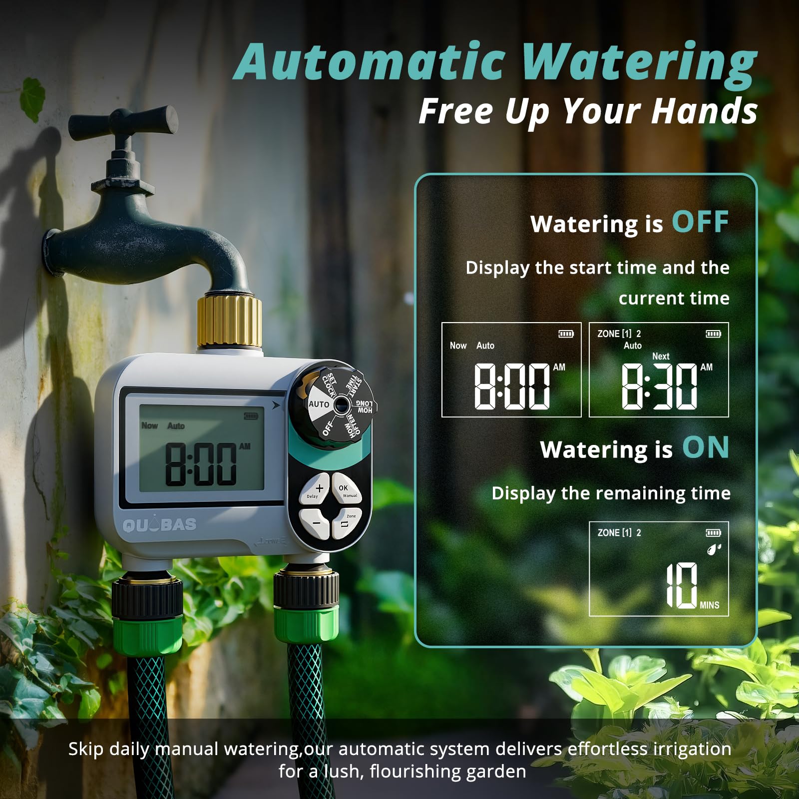 QUOBAS Timer per irrigatore per tubo da giardino, programmabile in ottone, timer digitale dell'acqua con ritardo pioggia/auto/manuale 3 modalità, piscina, irrigazione a goccia, schermo impermeabile