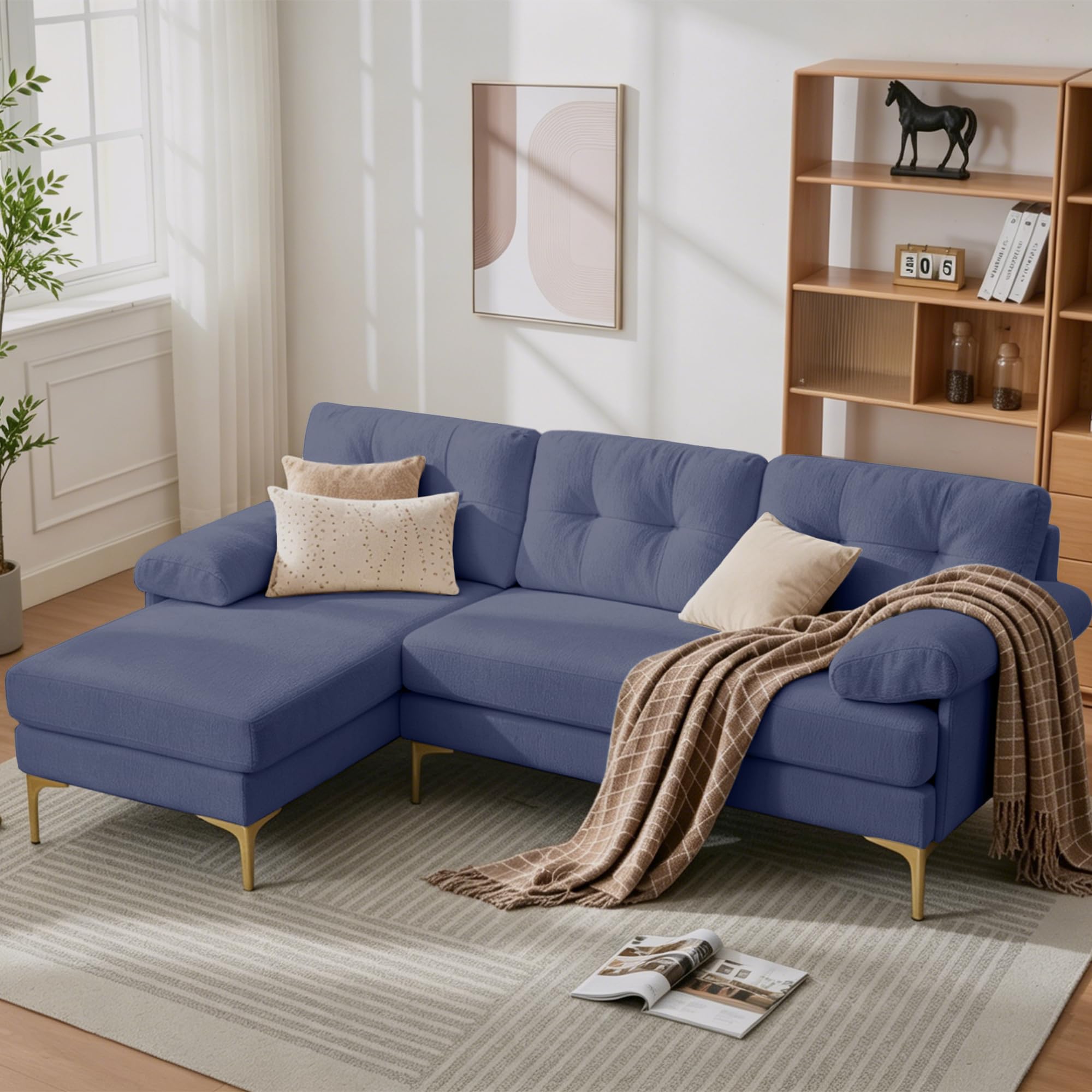 Divano angolare modulare a forma di L, 187 cm, con funzione letto, in morbida ciniglia e piedini in metallo, comodo divano con seduta profonda, per soggiorno e camera da letto, blu
