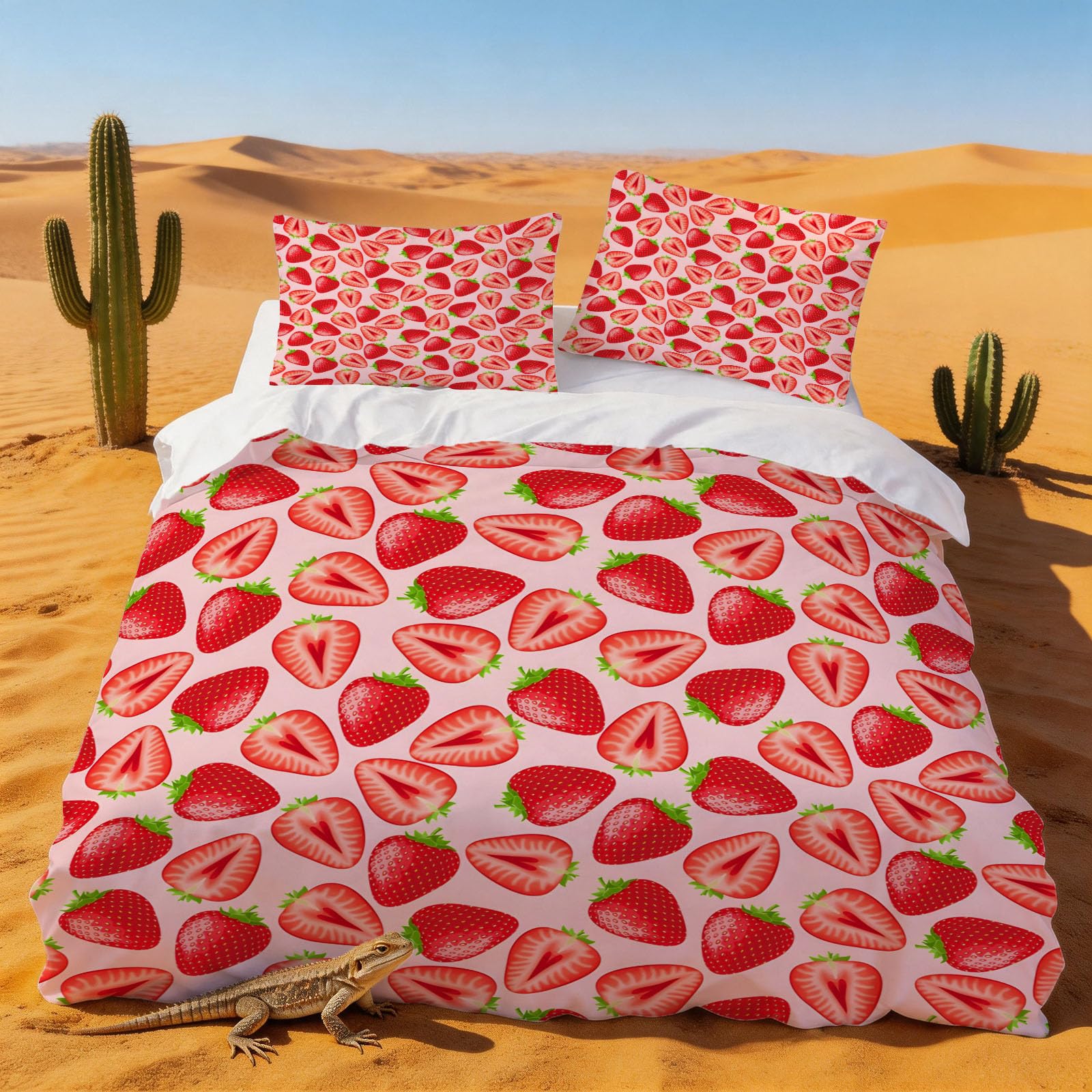 Housse de couette 240x260 fraise imprimé parure de lit 2 personnes adulte avec taies d'oreiller