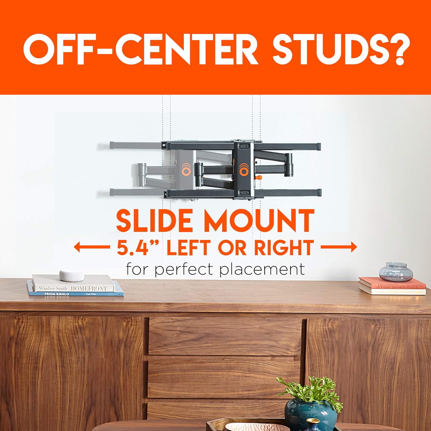 TV mount on a wall, showing the ability to slide the TV 5.4 inches left or right for perfect centering.