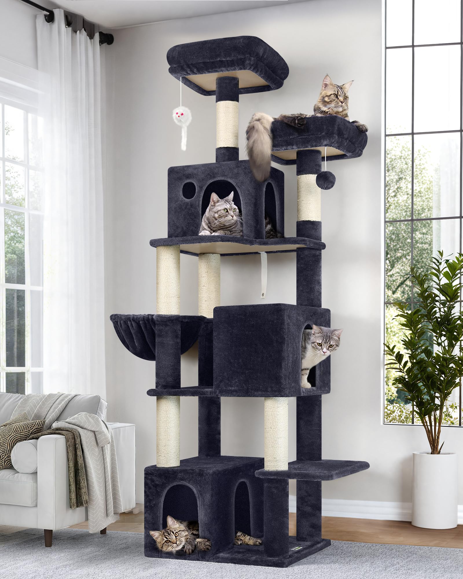 Globlazer Cat Tree Tall, 71 inches Cat Tower for Indoor Adult Cats Multi-Level 3 Condos for Indoor Cats XL Cat Tree Tower with Scratching Posts, Soft