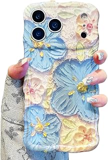 Flower Case for iPhone 17 Pro Max Case, Colorful Retro Oil Painting Girly Phone Cover Pretty Glossy Pattern Wave Cover Cute Sparkly Floral Curly Shell for Women and Girl, Blue White