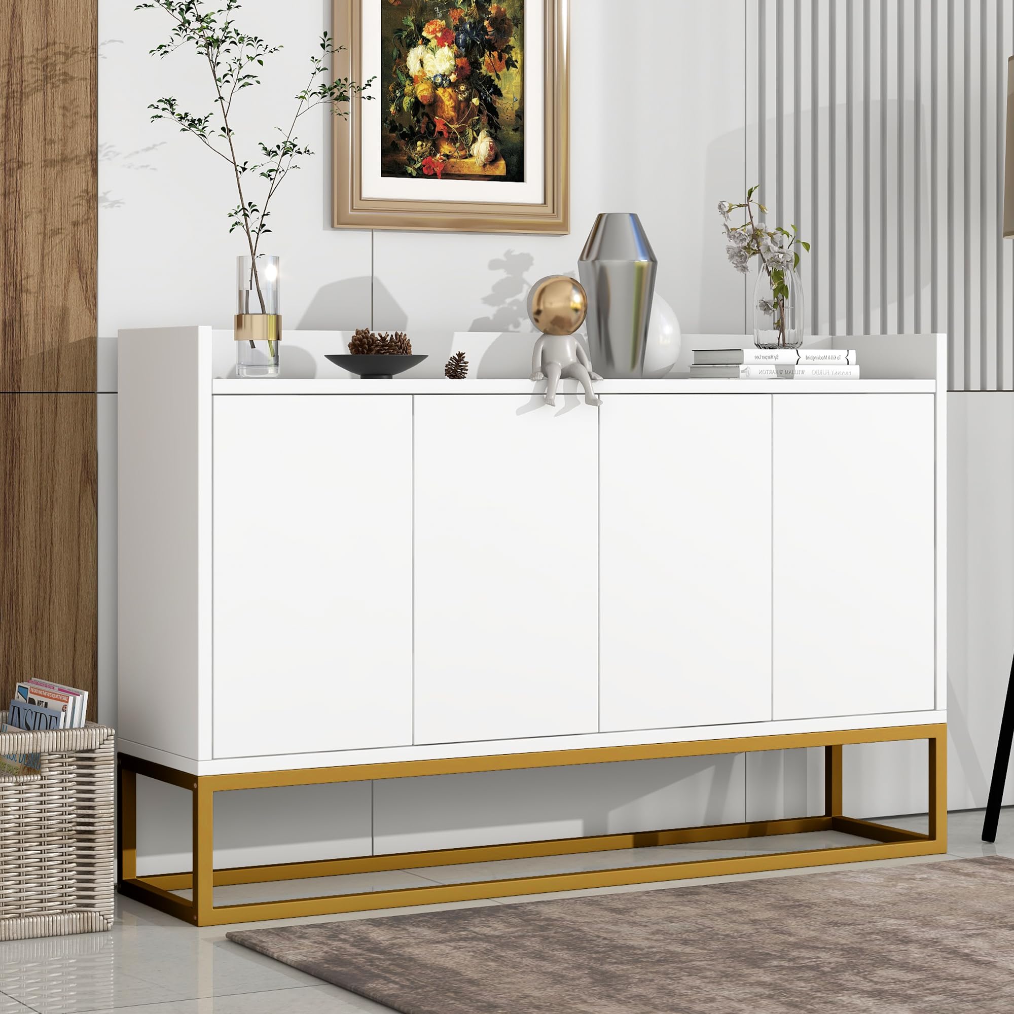 Credenza moderna in stile minimalista 4 ante armadio a buffet senza maniglie per sala da pranzo, soggiorno, cucina (bianco)