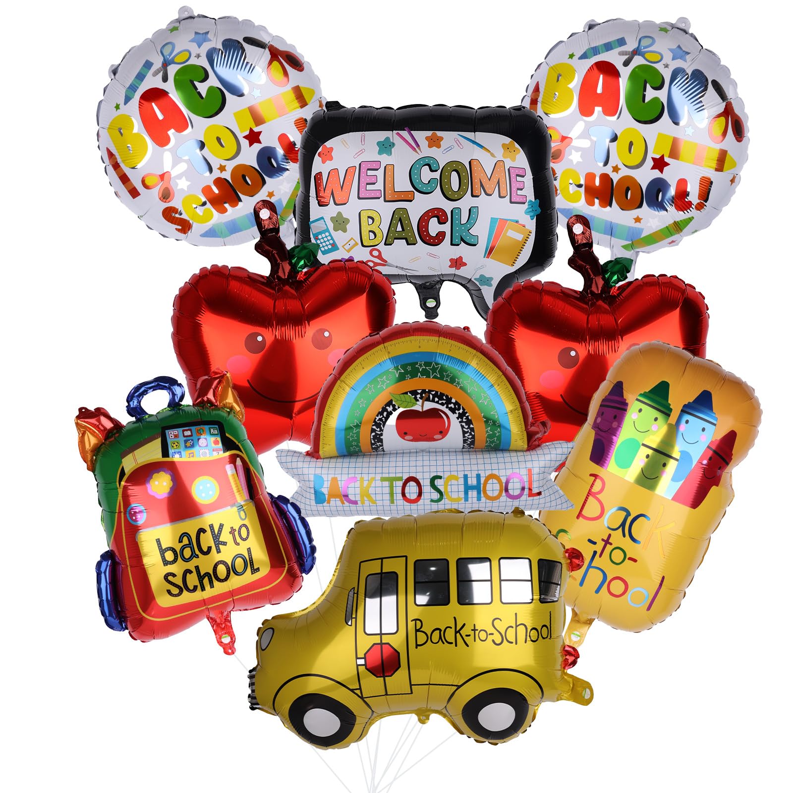 Fukaisu 9pcs Back to School Balloons, Aluminum Foil School Bus Backpack Pencil Crayon Apple & Welcome Back Balloons Arch First Day of Backdrop Decor with Rope & Straw for Party Classroom Decoration