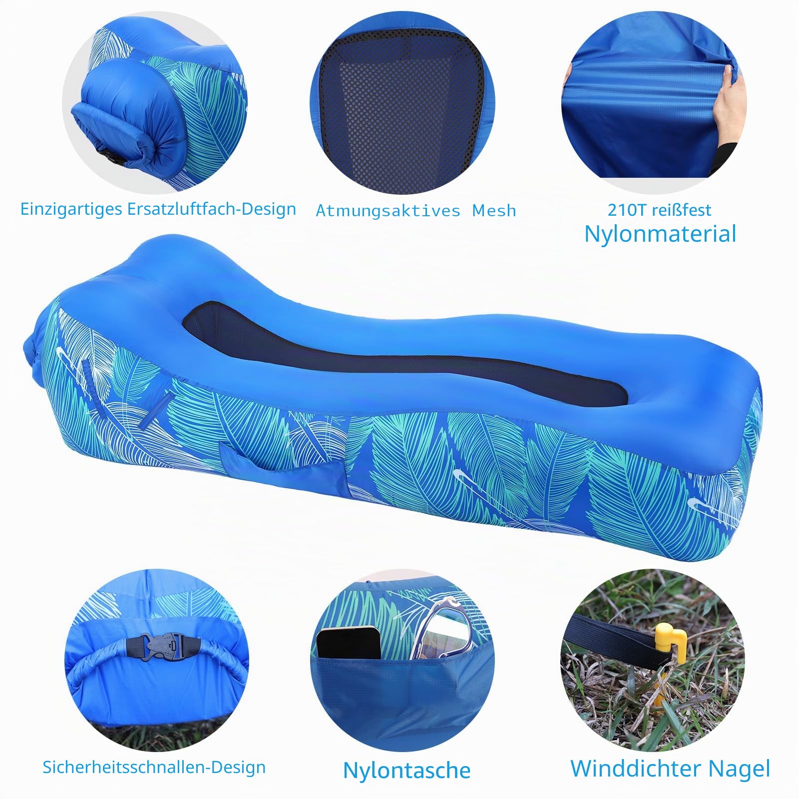 Aufblasbare Liege, einzigartiges Schatten-Design, aufblasbares Strandbett mit Kissen, wasserdichtes aufblasbares Sofa, Campingstuhl, Hängematte für Wandern, Hof, Reisen, Strand, Picknick (Blau)