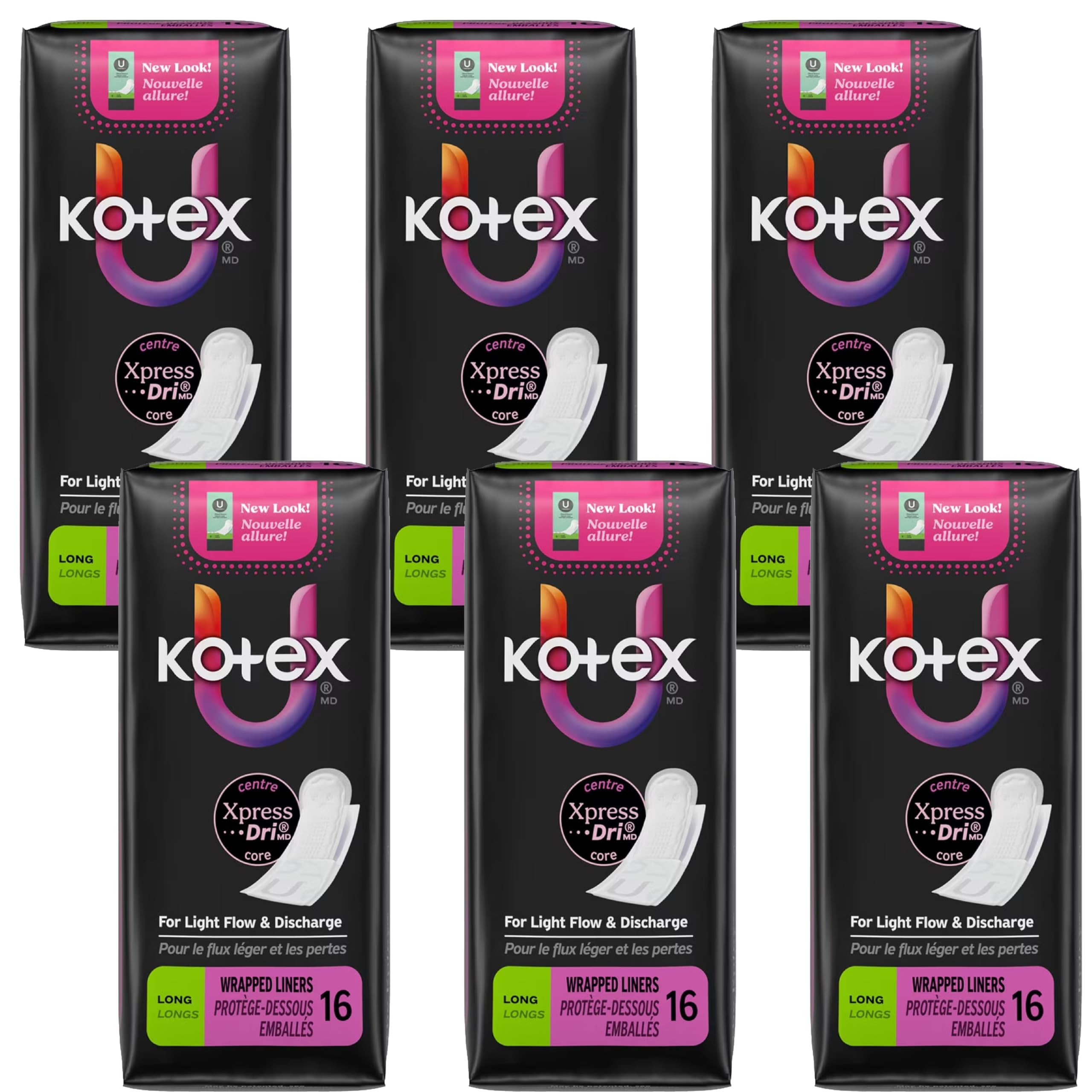 Kotex Natural Balance Absorbent Liners, Long, 16 Count (Pack of Six)