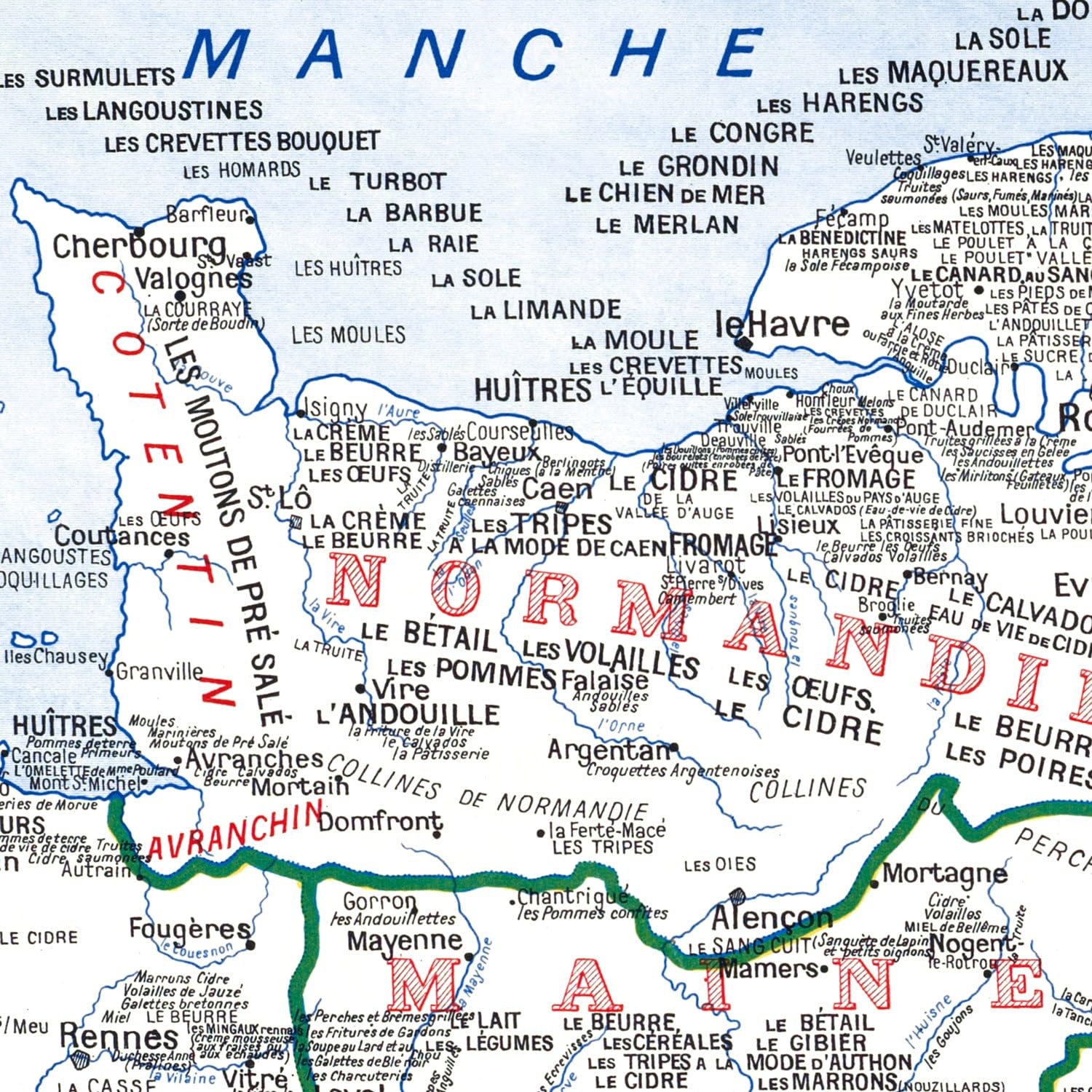 VIRTUAVIA Carta GASTRONOMICA della Francia, 100 x 120 cm (riproduzione vecchia carta) - Telone 340 g/m²