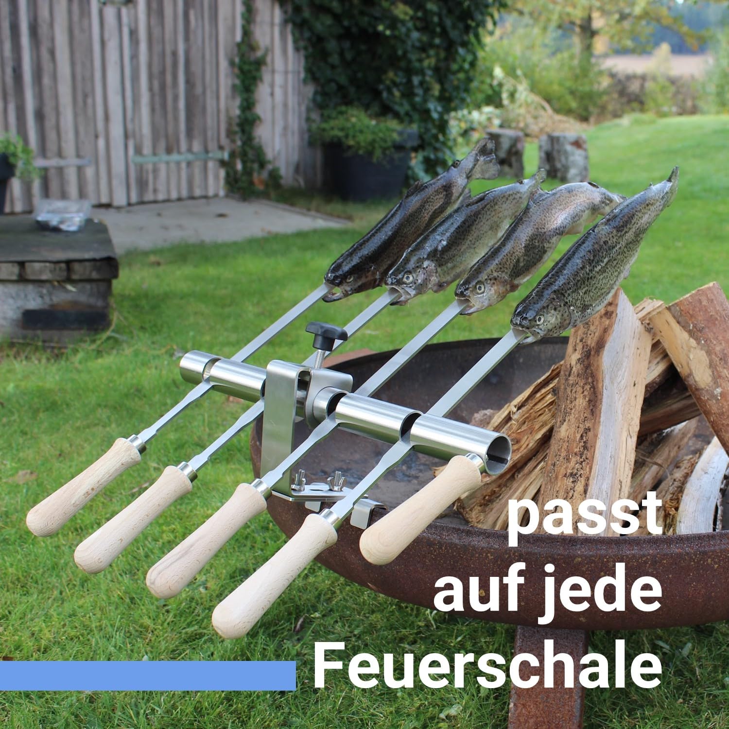 SCHILLING Fischgrilltechnik/Steckerlfisch Halter/Feuerschale/Feuertonne/Edelstahlspieße / 4 Fische