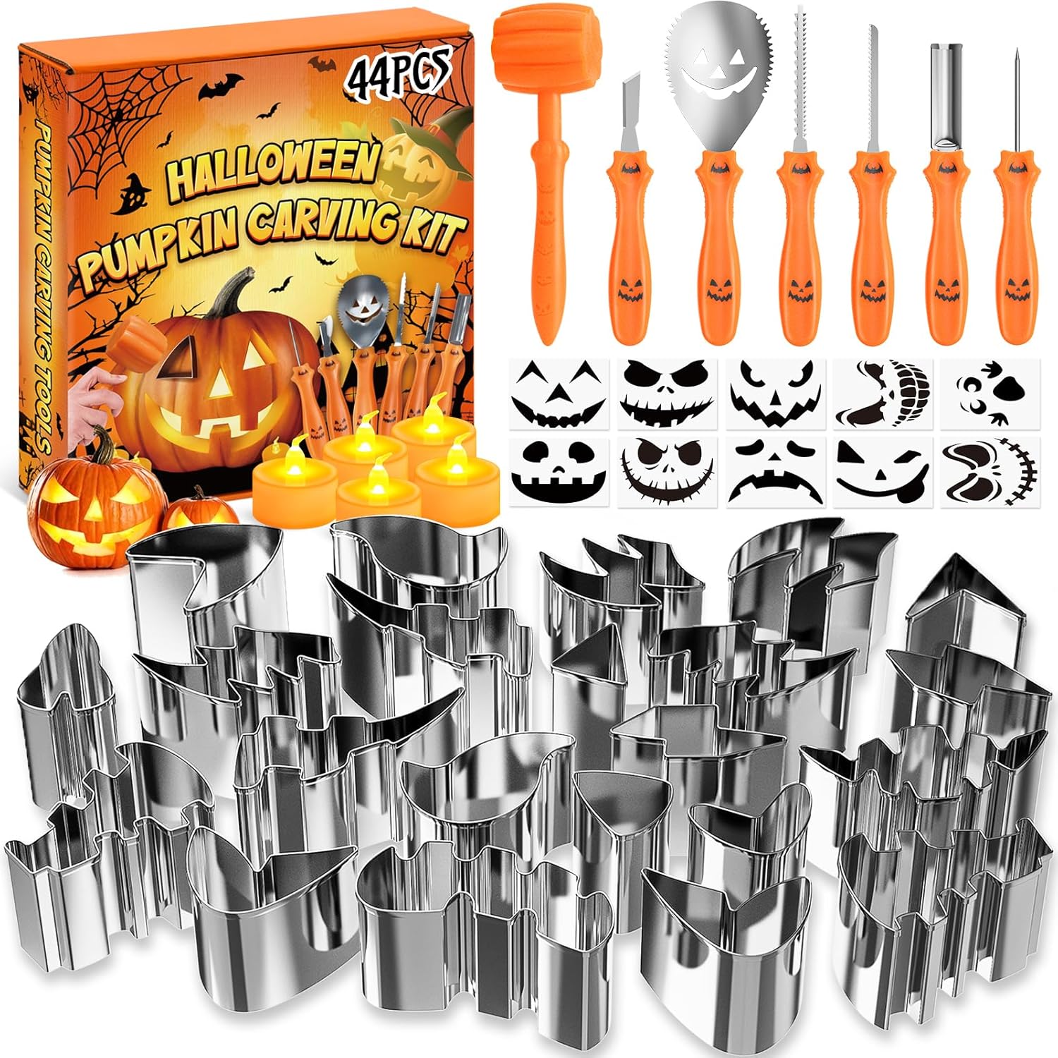 44 Pcs Halloween Pumpkin Carving Kit, 7 Heavy Duty Pumpkins Carving Tools Decorating Kit, 22 Pcs Stainless Steel Pumpkin Carving Stencils with 5 LED Candles & 10 Stickers for Kids Adults 44 Pcs Halloween Pumpkin Carving Kit, 7 Heavy Duty Pumpkins Carving Tools Decorating Kit, 22 Pcs Stainless Steel Pumpkin Carving Stencils with 5 LED Candles & 10 Stickers for Kids Adults