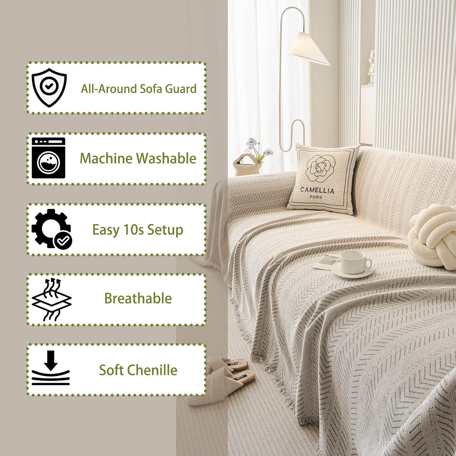 Chenille Sofa Throw Blanket with Herringbone Pattern and Tassel Edges, Thick & Soft Couch Cover, Machine Washable, Anti-Slip, Pet-Friendly, Fits 2/3-Seater (Beige, 71″x134″)