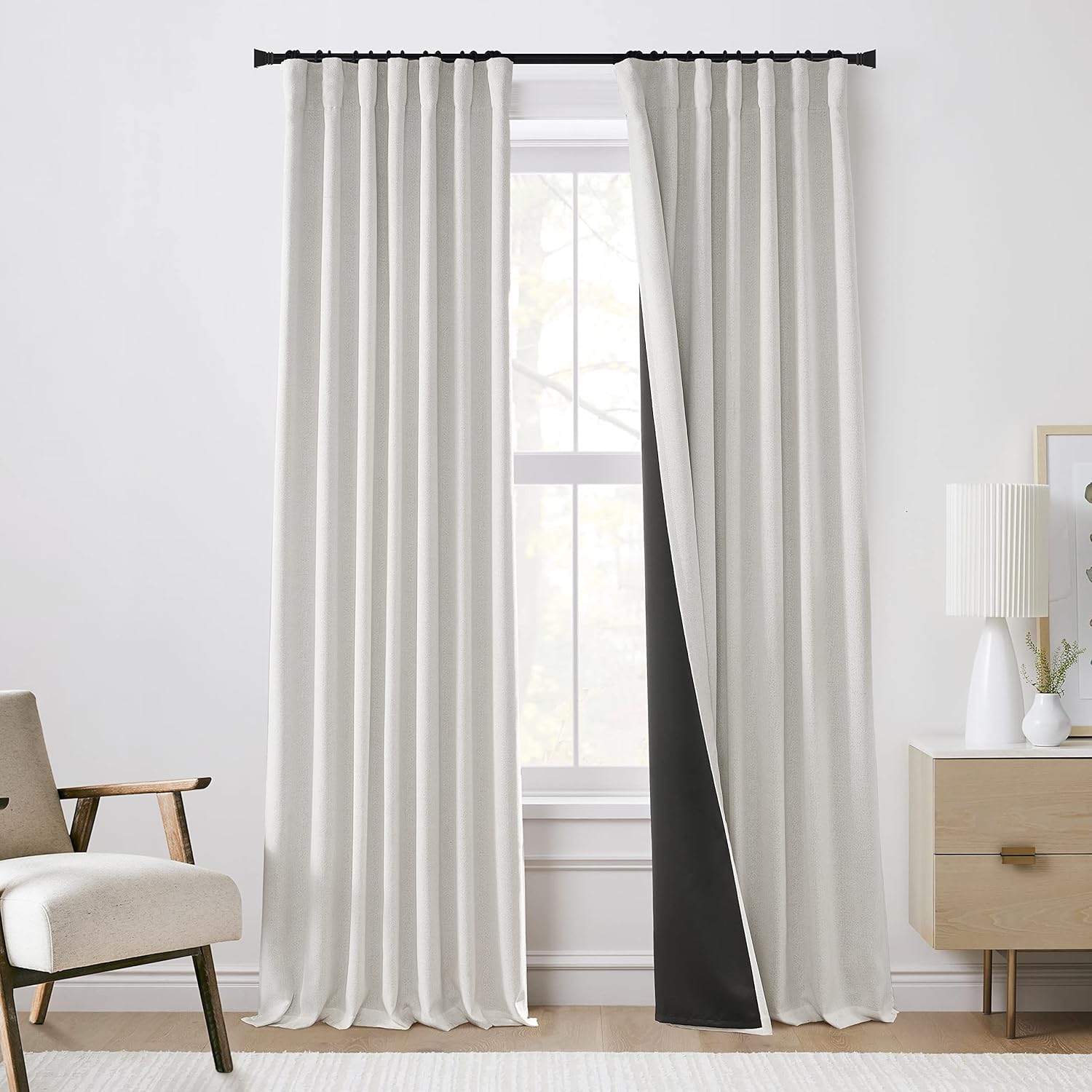 102 Inch Length Greyish Off White Blackout Curtains for