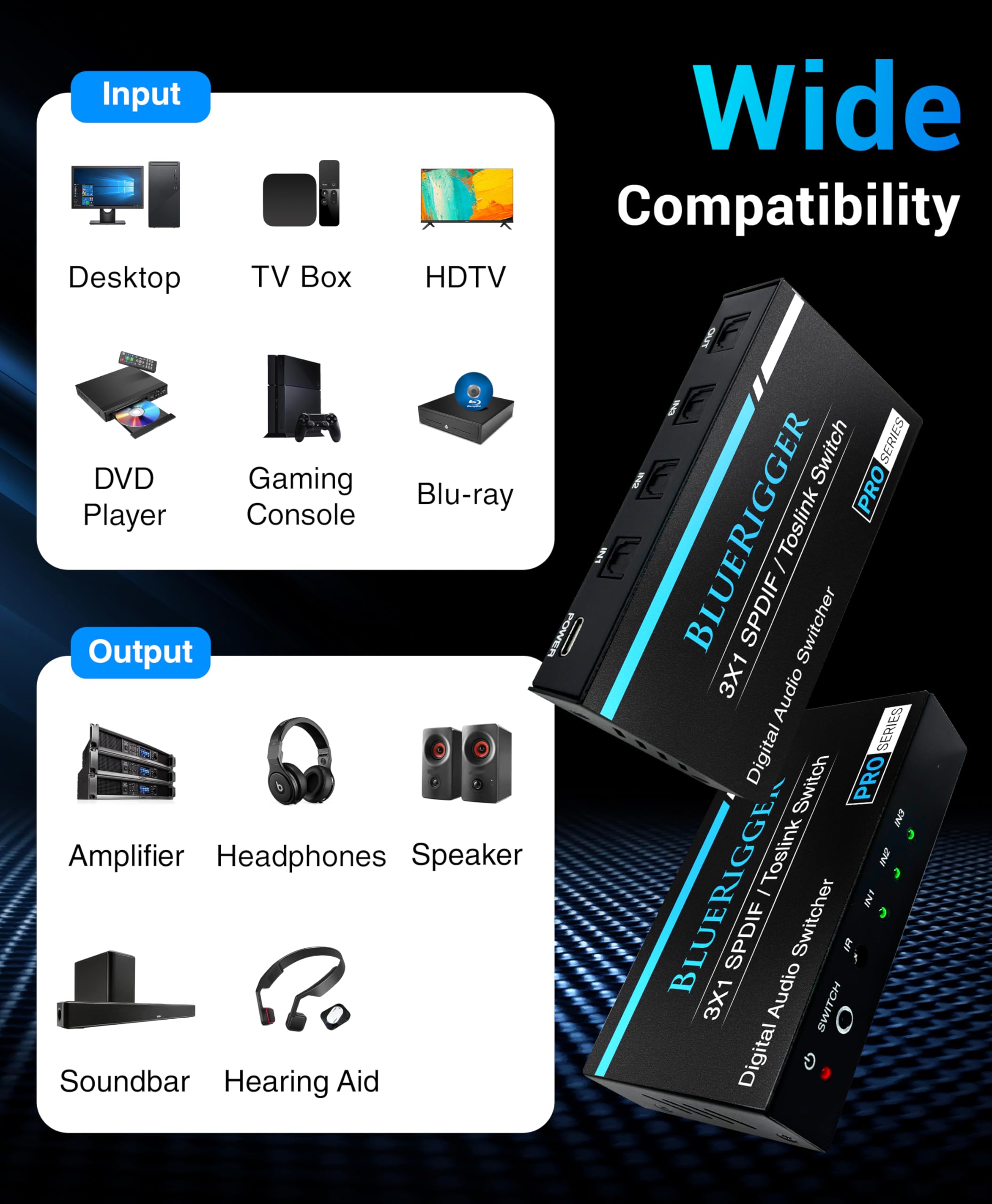 BlueRigger Interruttore ottico digitale Toslink 3x1 (LPCM 2.0, SPDIF Optical Audio Switcher con telecomando IR, interruttore a fibra ottica 3 in 1) - Compatibile con console di gioco, HDTV