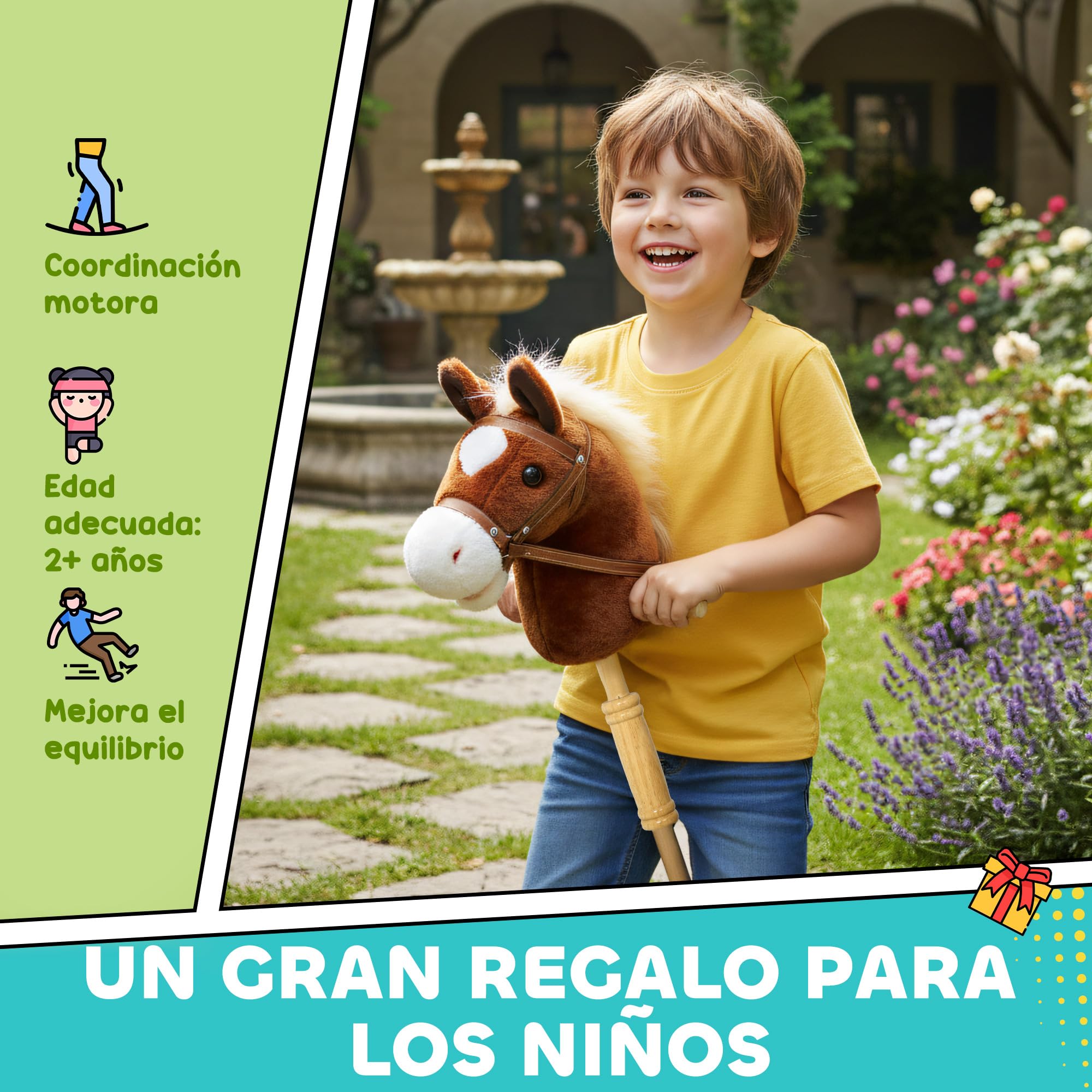 AIYAPLAY Cabeza de Caballo con Palo de Madera, Sonidos y Ruedas, Caballo de Juguete, 95 cm de Altura, Marrón