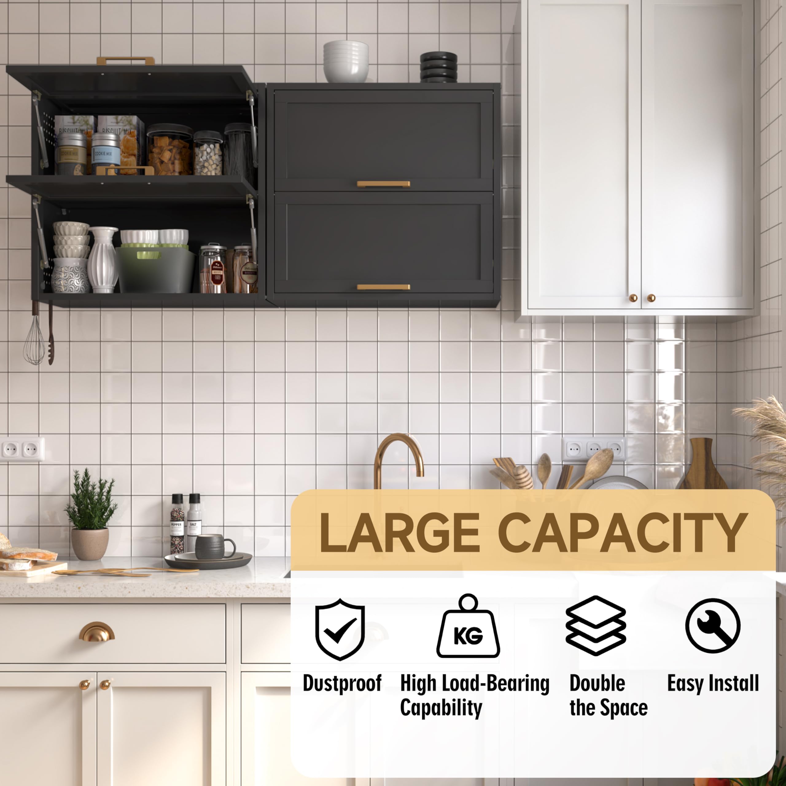 Kooyon Metal Wall Cabinets with 2 Up-Flip Doors, Floating Steel Wall Mounted for Garage, Basement, Home Office, Kitchen, Warehouse - Black