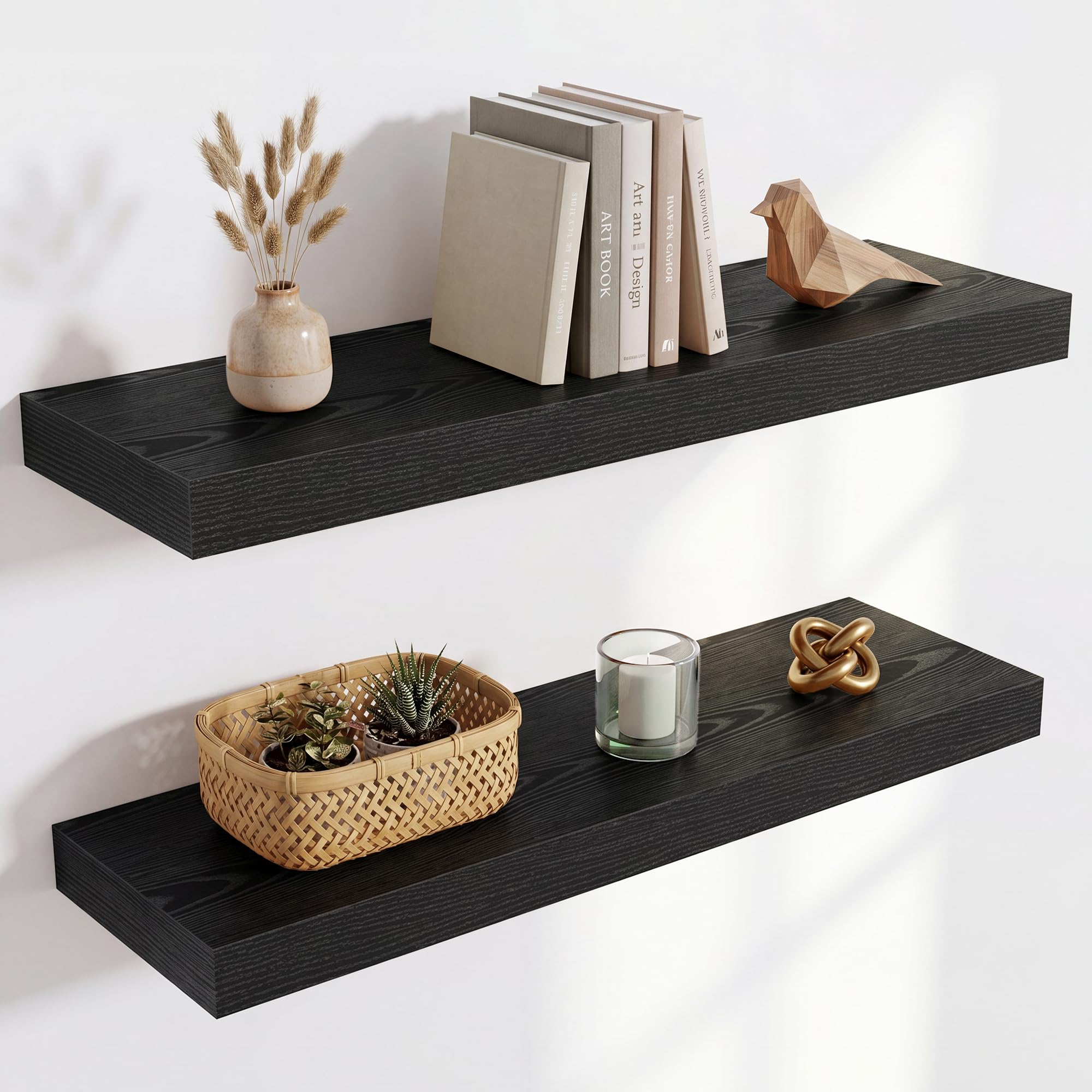 Acovy Floating Shelves for Wall, Extra Thick 60cm Long Wooden Wall Mounted Shelf, Wall Shelves for Living Room Bathroom Bedroom Kitchen, Black, Set of 2 โ image 1