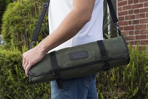 Miniatura 3 de Asaya Bolsa enrollable de lona para cuchillos de chef, 10 ranuras para cuchillos y un gran bolsillo con cremallera, estuche de lona duradero de 10