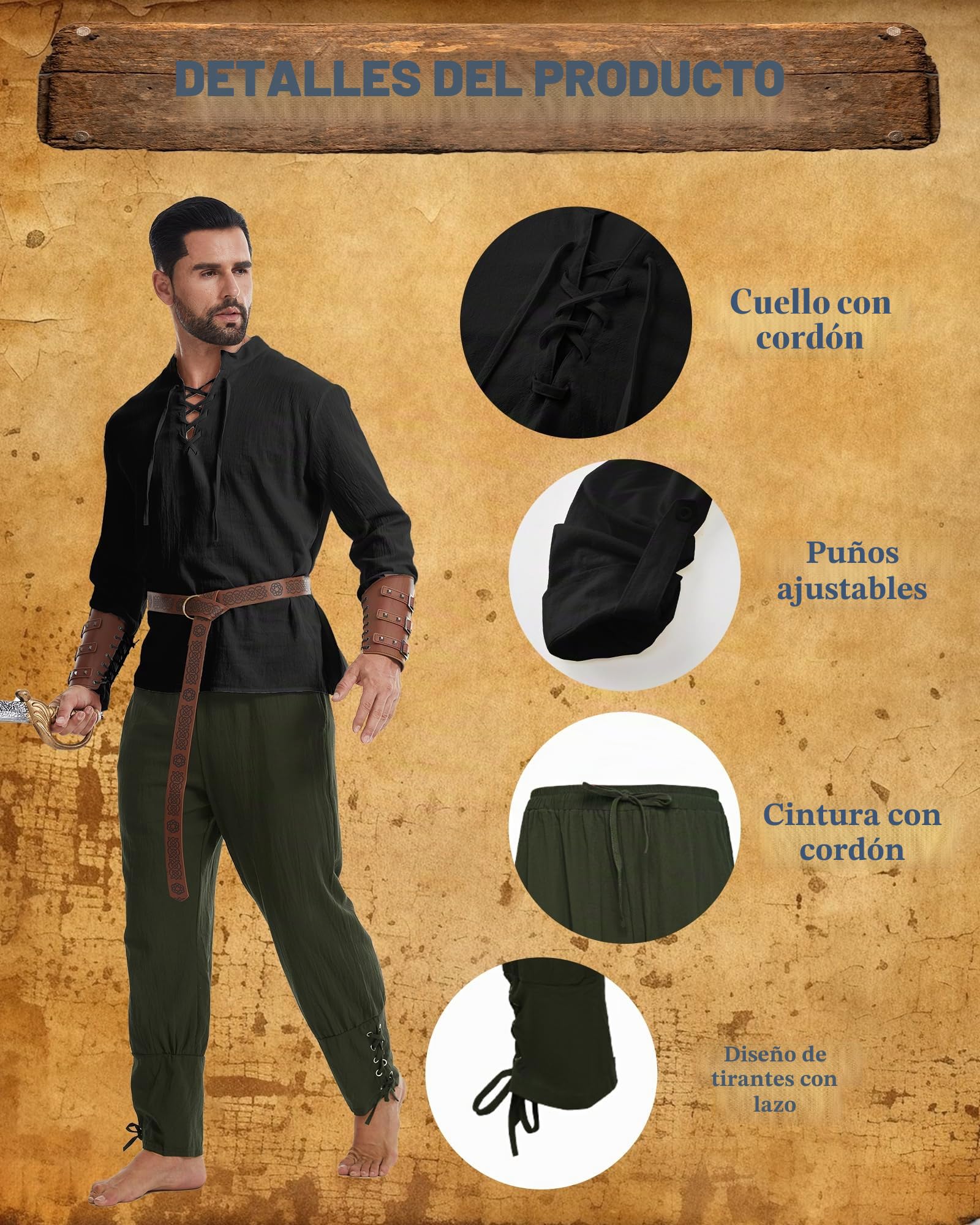 Juego de 5 accesorios para disfraz de pirata, disfraz medieval de pirata con bandana, cinturón, parche para Halloween, capitán y carnaval.