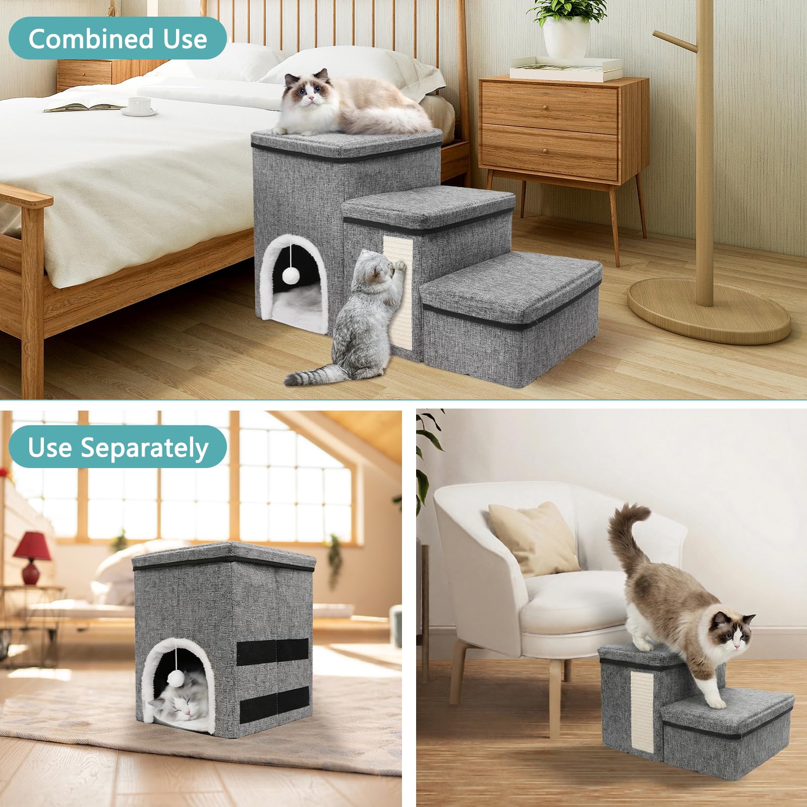 Newthinking Escalera para Perros 3 Niveles, Plegable con Almacenamiento, Antideslizante para Sofá y Cama, para Gatos y Perros Mayores, 20 kg