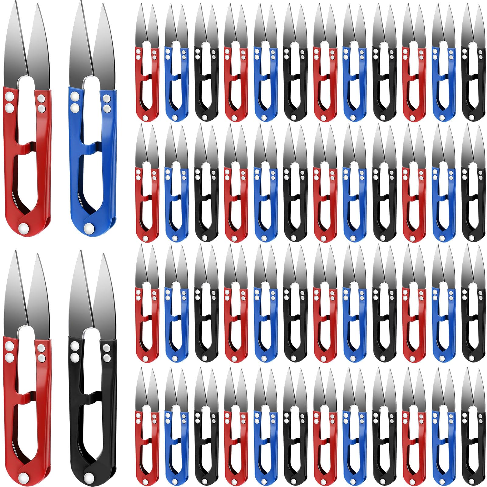 Therwen 48 Pcs 4 Inch Bonsai Pruning Scissors Thread Snips Mini Sewing Scissors U Shaped Bulk Bud and Leaves Trimmer Yarn Carbon Steel Pruners Trimmers for Gardening(Black, Blue, Red)
