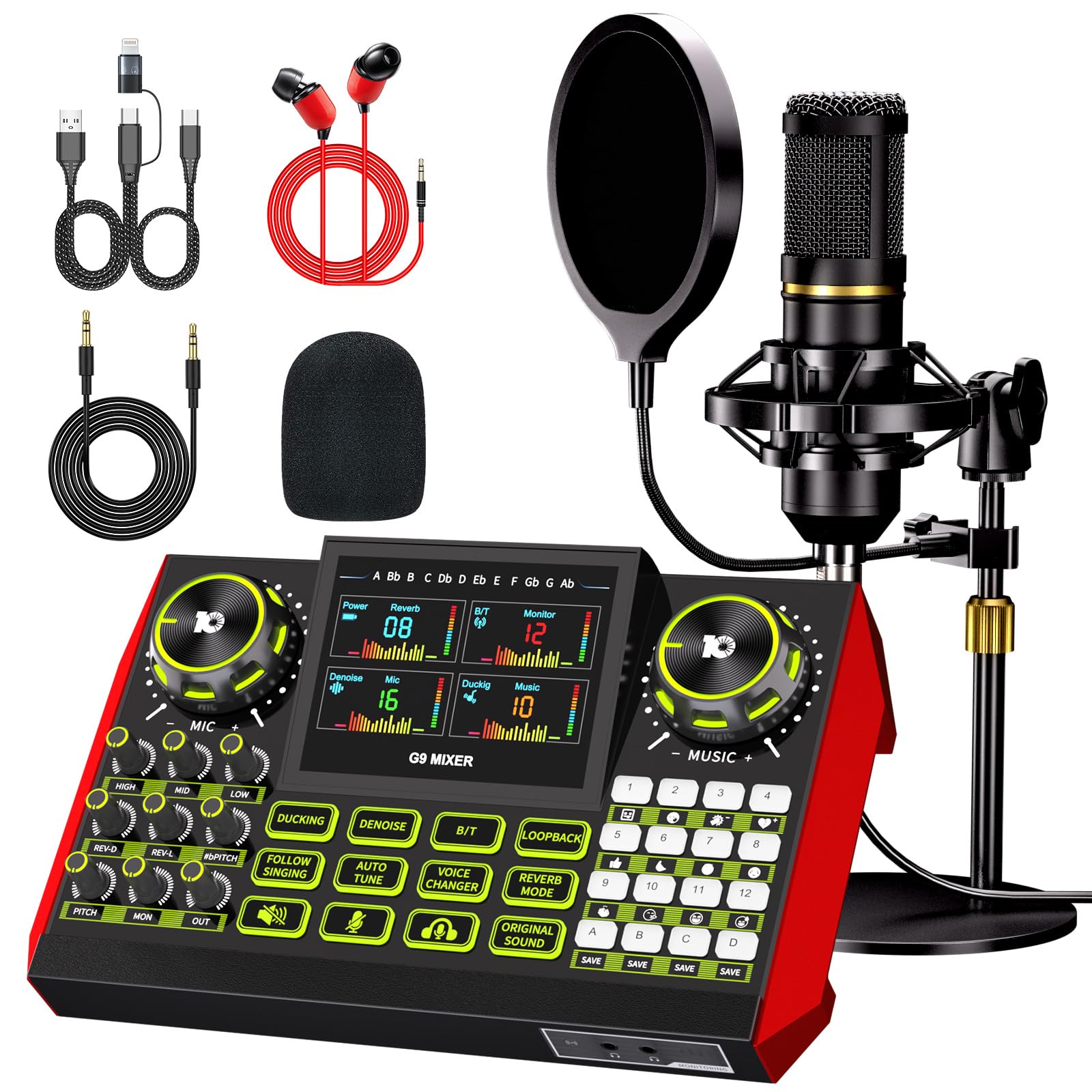 podcast microphone bundle, Live Sound Card with Audio Interface, All-in-One Audio Mixer with Voice Changer, Condenser Microphone for Live Streaming, Singing, Gaming, and Content Creation.