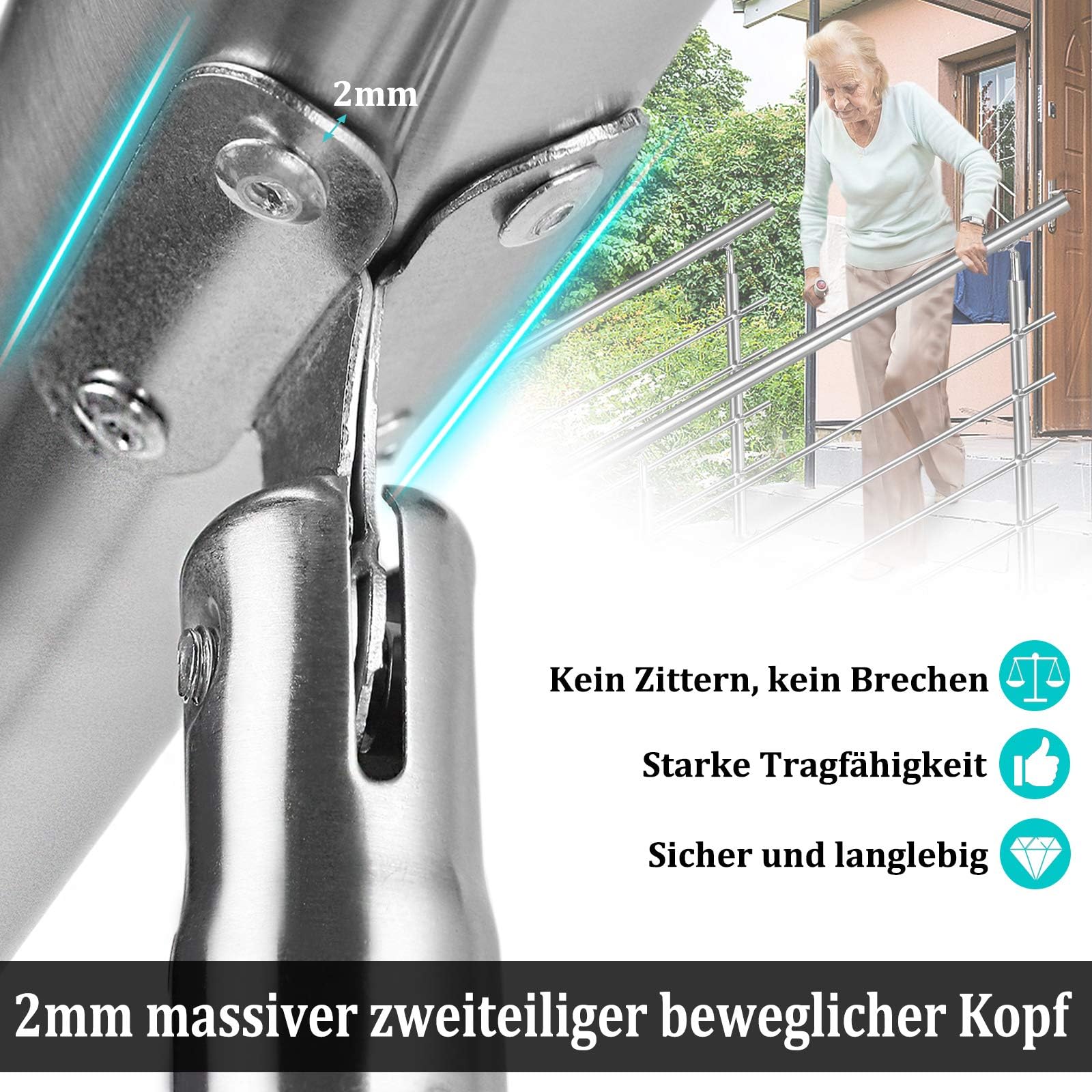 Froadp 100cm Treppengeländer Edelstahl Winkelverstellbar Handläufe mit Kugelring und 2 Pfosten Innen Stange Geländer-Set für Treppen Terrassen Brüstung (3 Querstäbe)