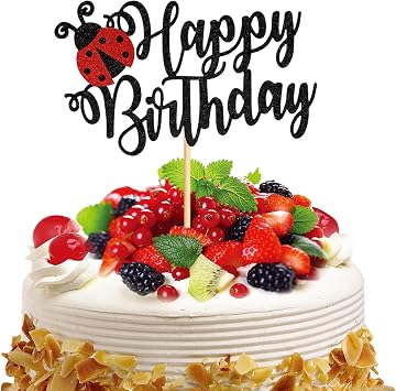 Paper Ladybug Theme Happy Birthday Cake Topper - Red & Black Glitter, Cute Insect Theme Party Decoration for Girls Kids Boys Birthday Parties, Baby Shower, Durable & Reusable