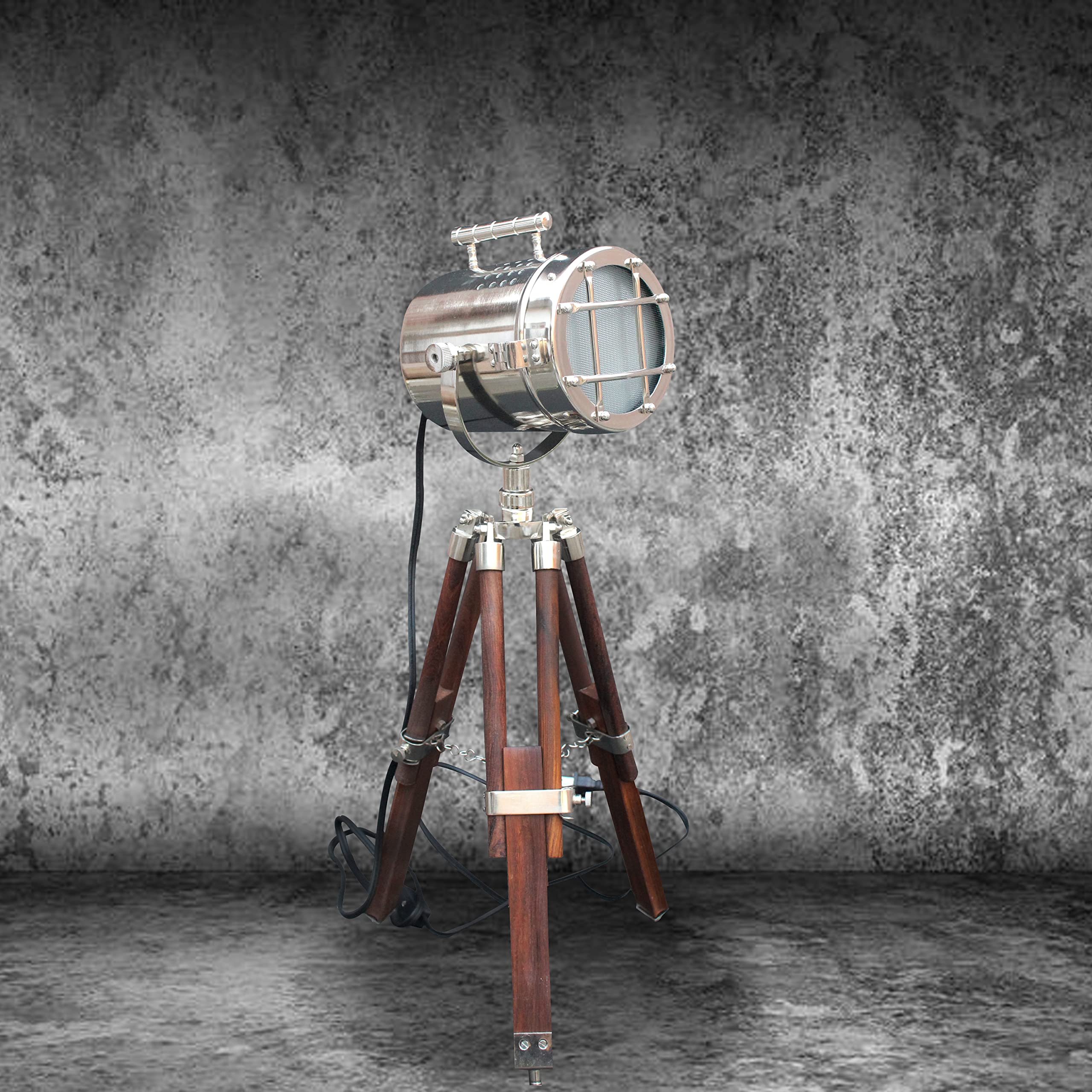 Morska vintage reflektor lampa statywowa chromowana i brązowa lampa stołowa