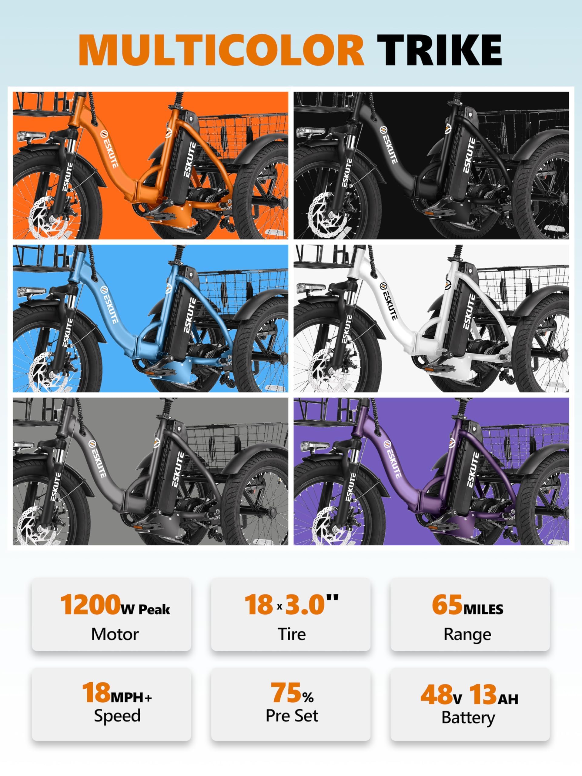 T300 Adult Electric Trike Bike 1200W High-Power Motor & 624Wh Removable Battery 18x3.0 Fat Tire Foldable 3-Wheel E-Bike Step-Thru Design, Up to 65 Miles, 18MPH Assisted Pedalling Black : Sports &
