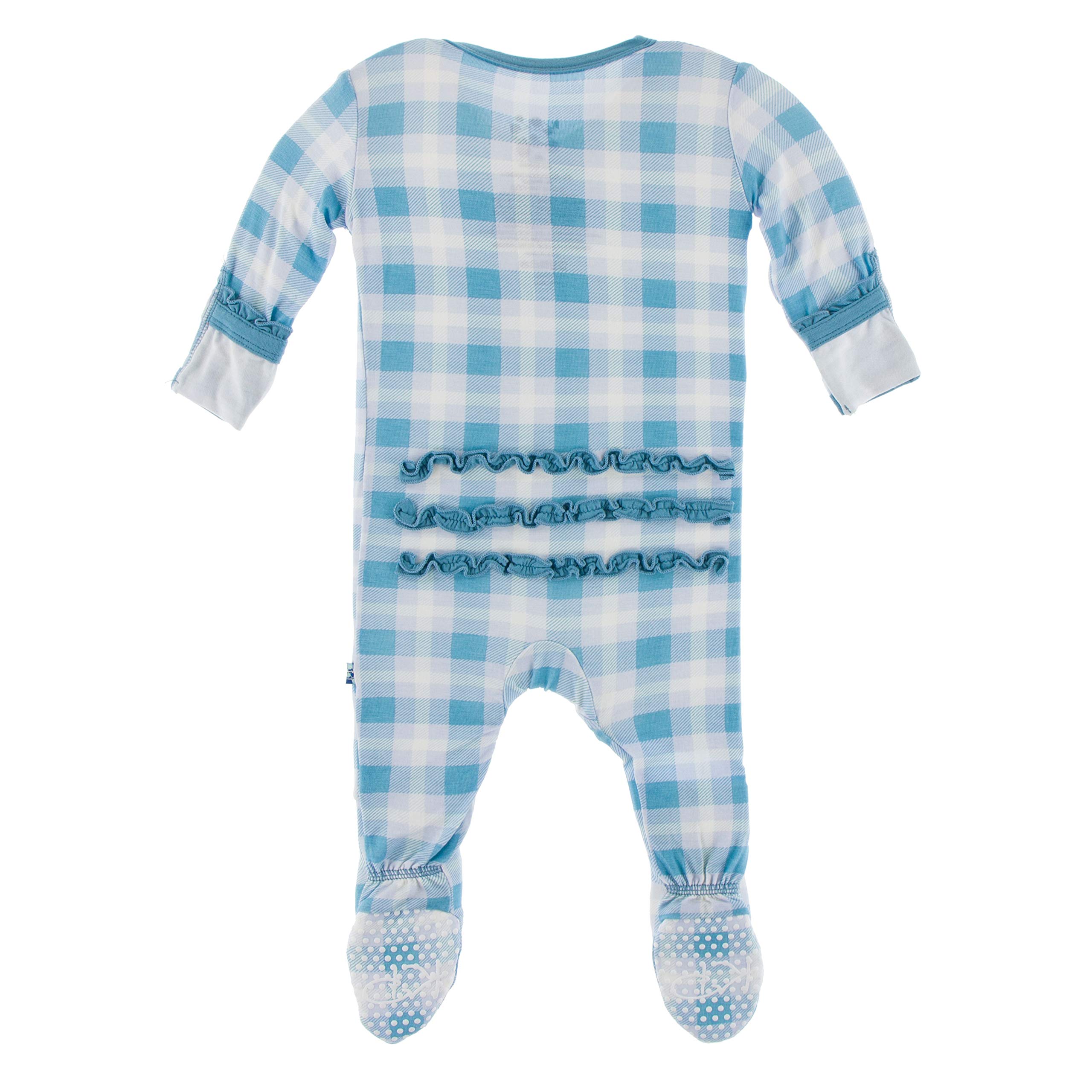KicKee Print Muffin Ruffle Footie with Snaps Sleepwear, One Piece Baby Bodysuit, Girl Baby Clothes, Baby Footies Pajamas (Blue Moon 2020 Holiday Plaid - 18-24 Months)