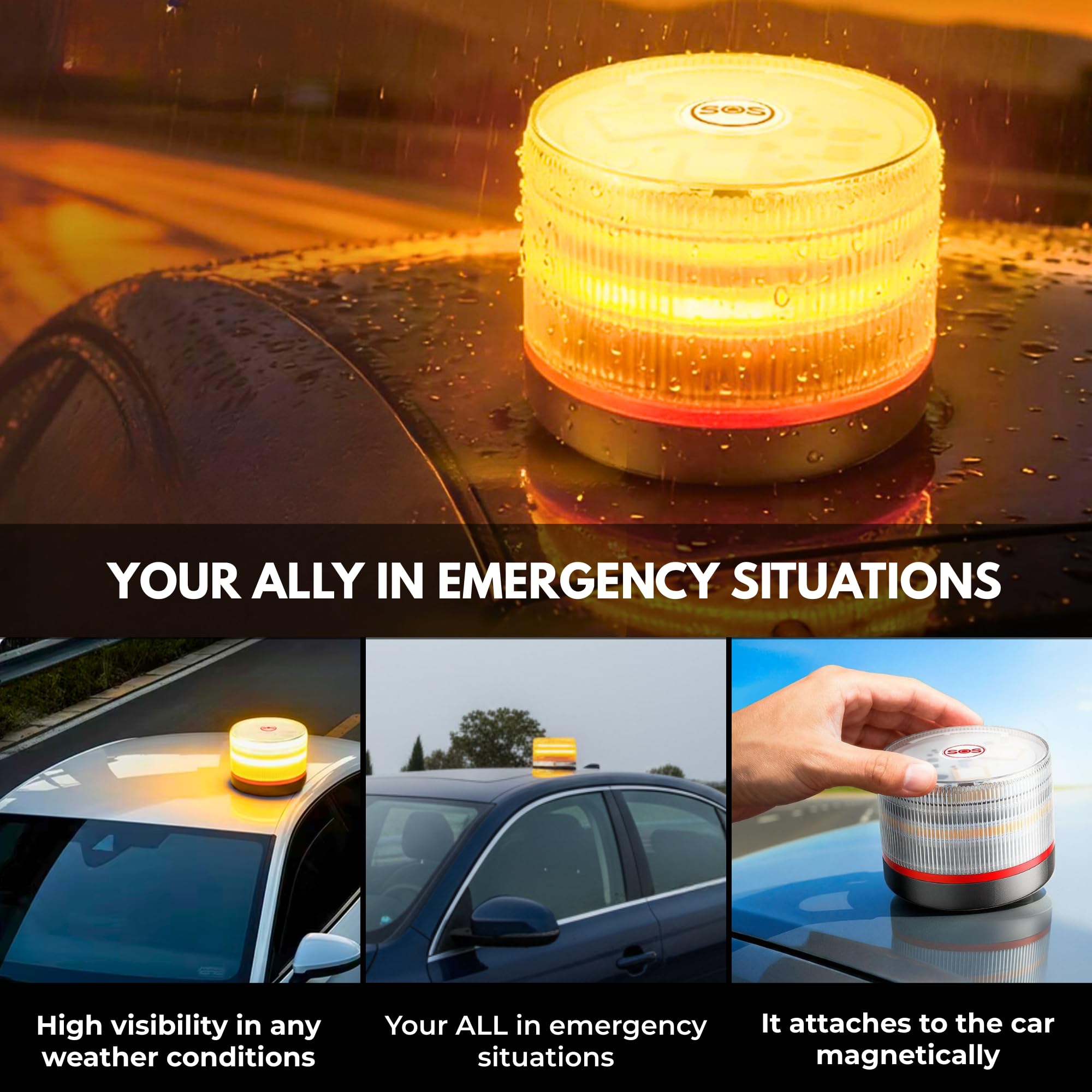 MAGIC SELECT 2x Luz de Emergencia V16 DGT 3.0 Homologada con Geolocalización para Señalización en Carretera, Coche y Moto, Luz Intermitente Naranja 360º, Base Imantada, Incluye1 Pila 9V.